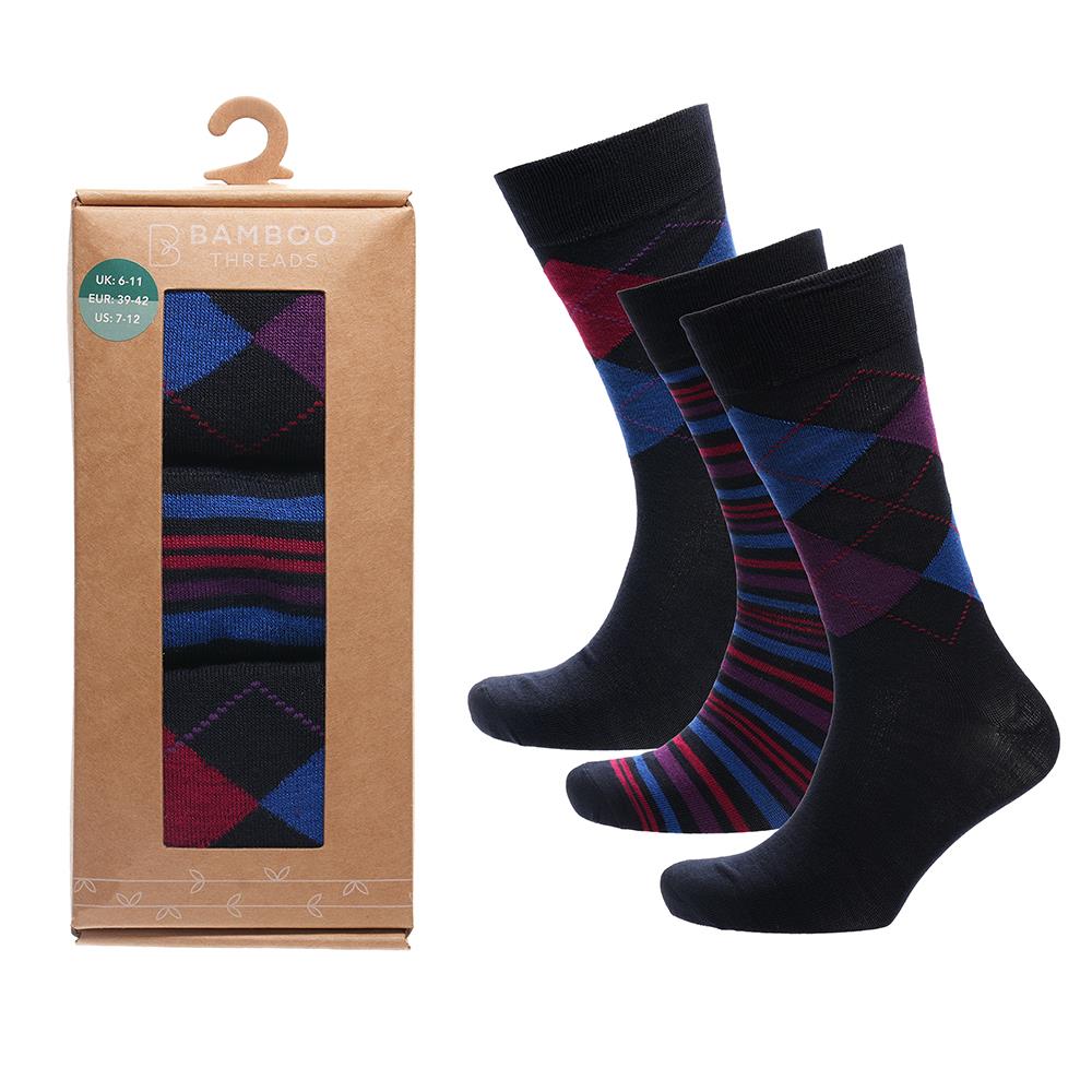 A2Z Mens 3 Pack Socks Gift Box Soft Argyle and Striped Designs Breathable Socks