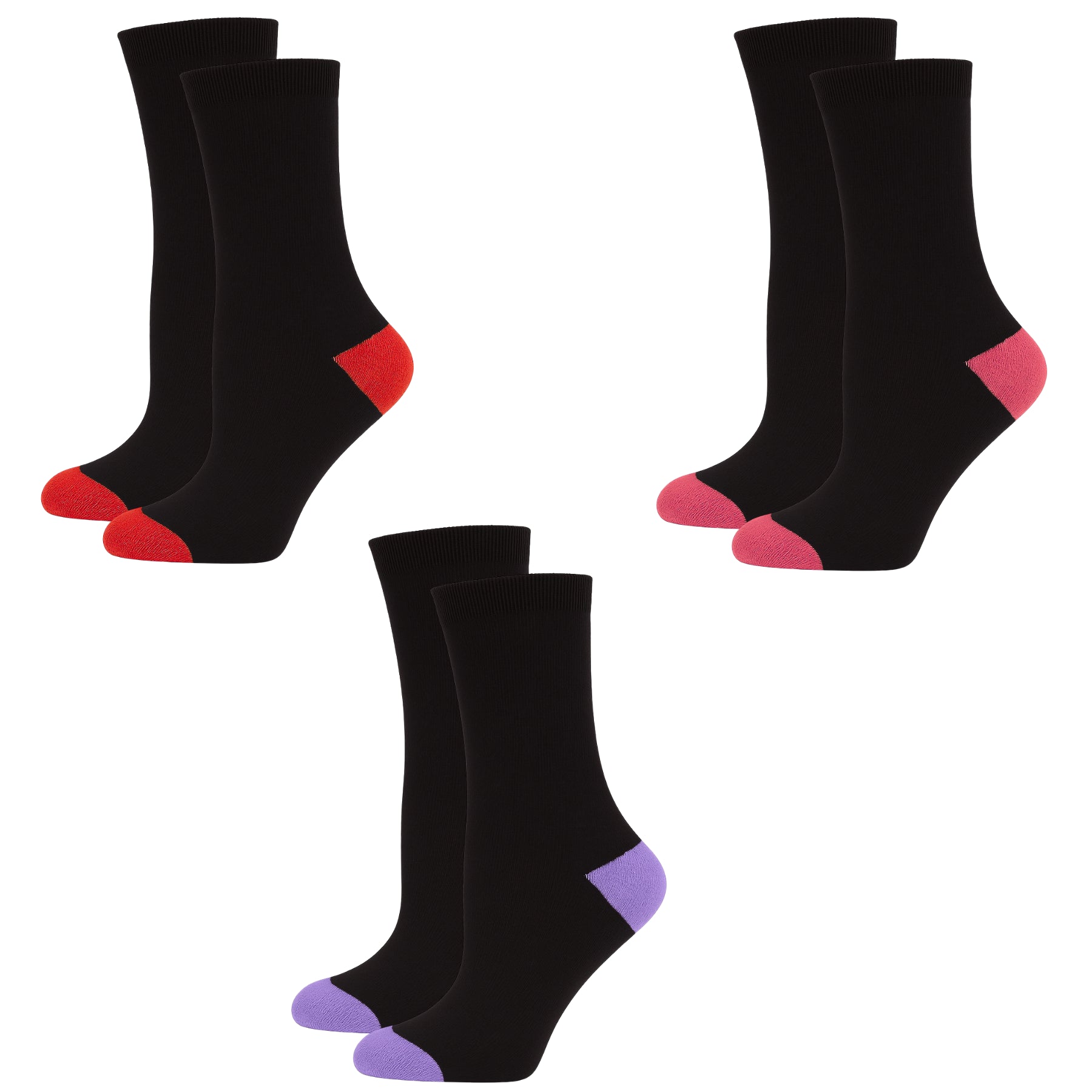 Women Plain Cotton Crew Socks Multipack Contrast Heel Toe Casual Ladies Socks