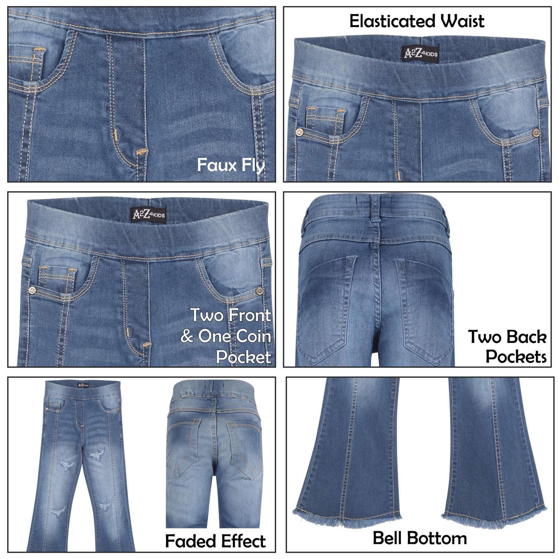 A2Z 4 Kids Girls Denim Jeans Stretchy Mid Bue Flared Ripped Bell Bottom Pants