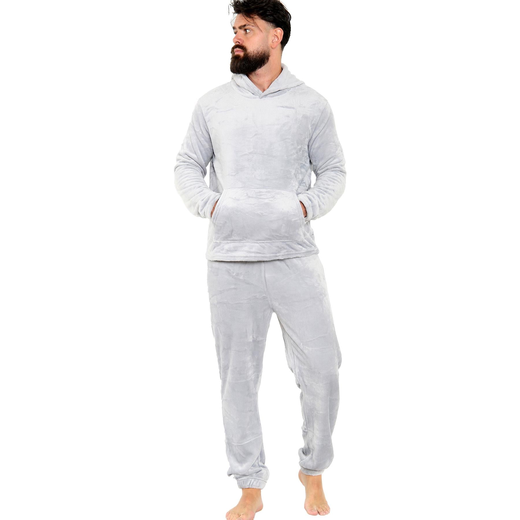 Mens Pyjamas Set Long Sleeve Hooded Plain Soft Fleece Pyjamas Set