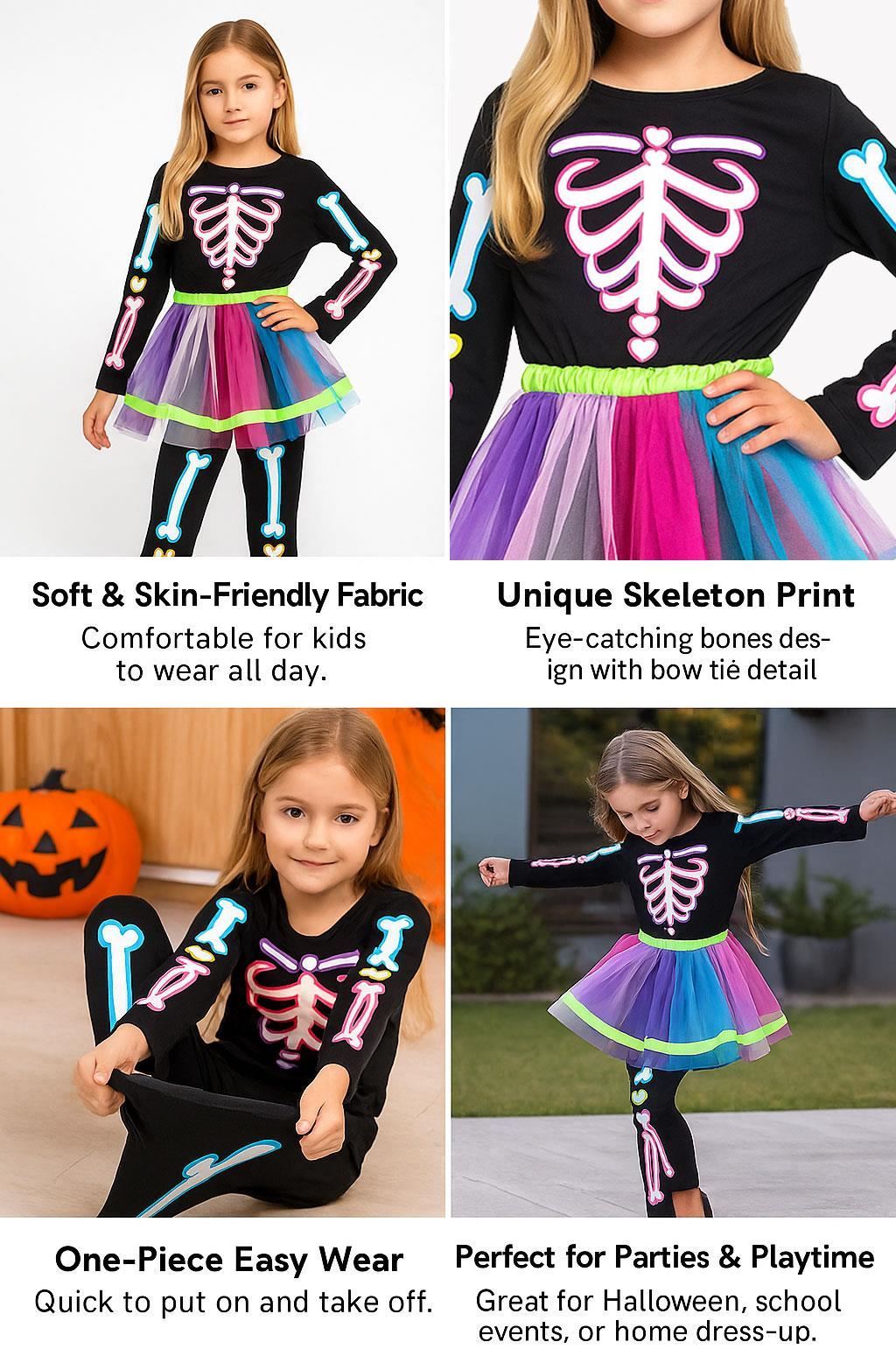 Kids Girls Skeleton Costume With Rainbow Tutu Halloween Parties Fancy Dress