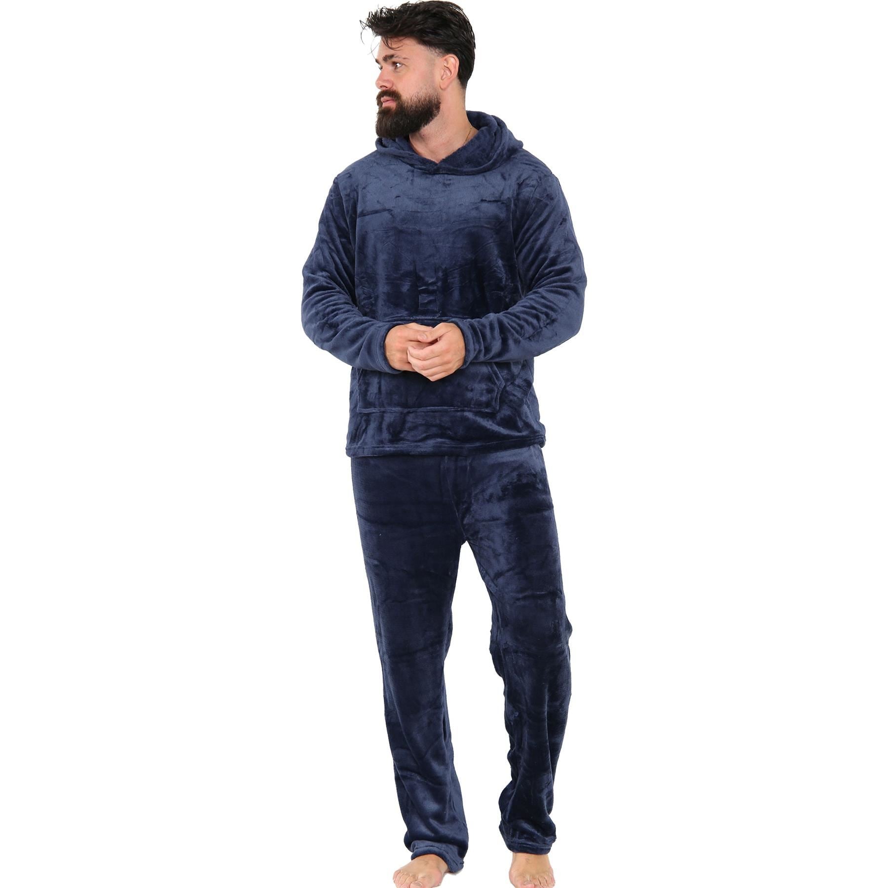 Mens Pyjamas Set Long Sleeve Hooded Plain Soft Fleece Pyjamas Set