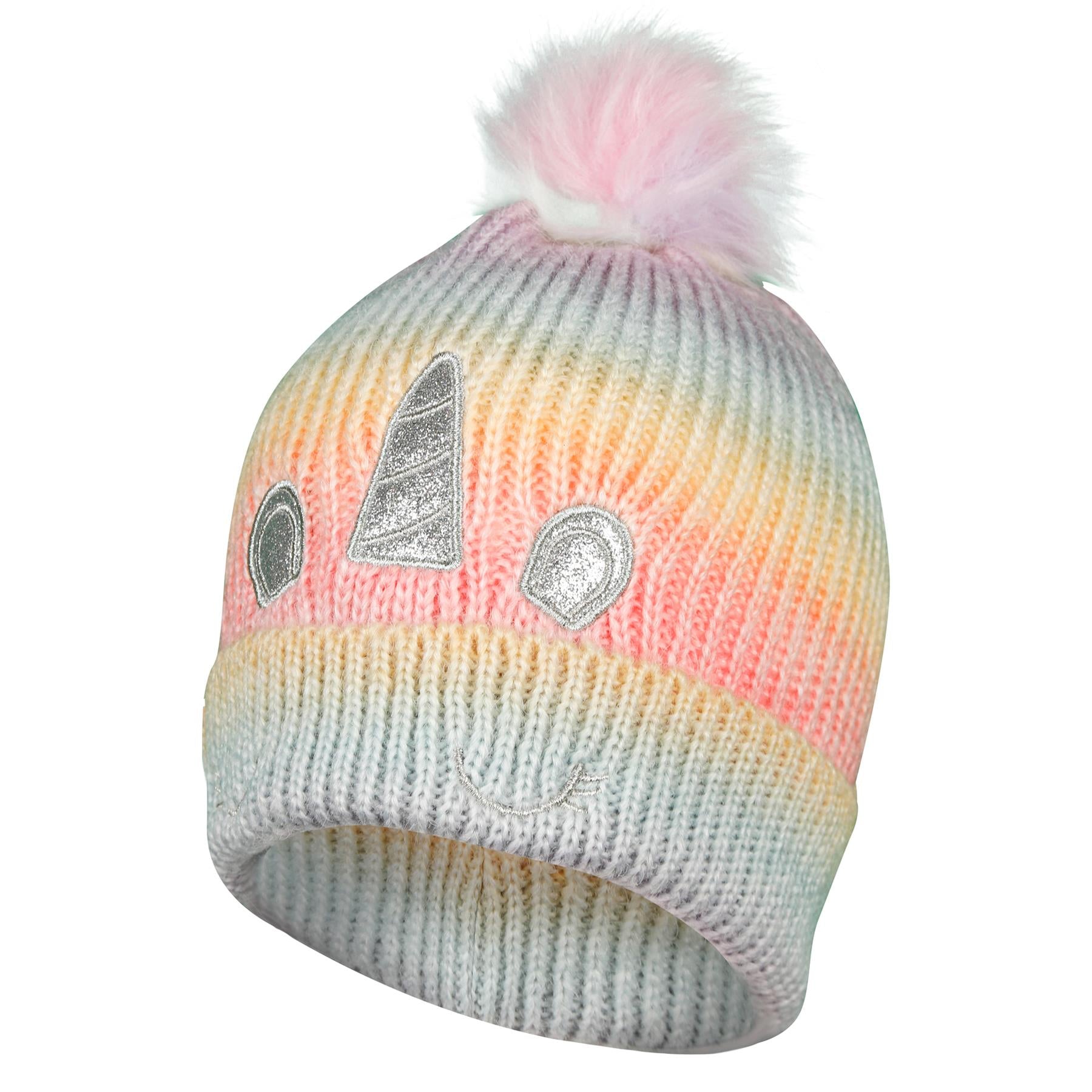 Kids Girls Cable Knit Hat Unicorn Bobble Baenie Pom Pom Soft Warm Winter Hat