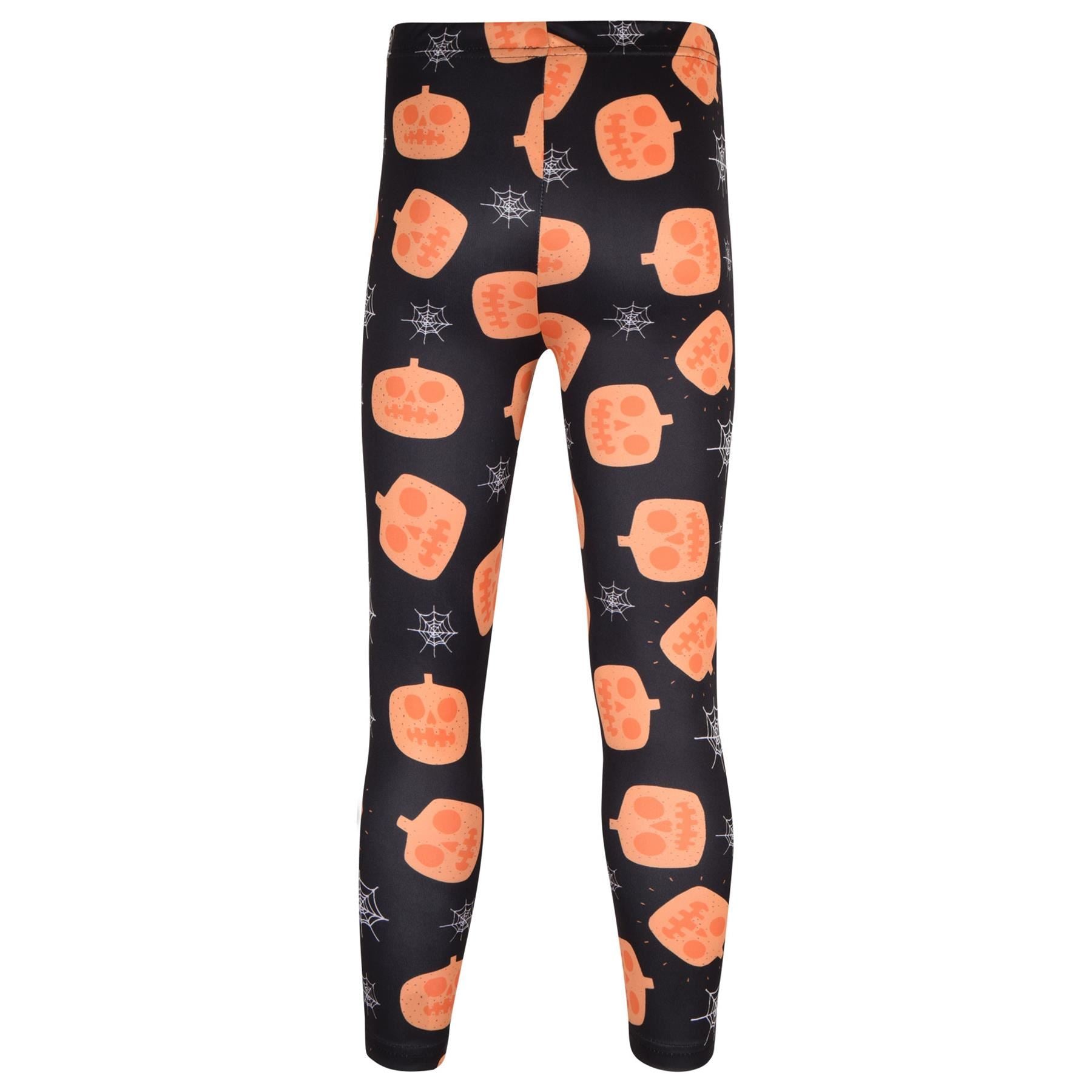 Girls Pumpkins & Spider Web Print Black Soft Stretchy Halloween Leggings