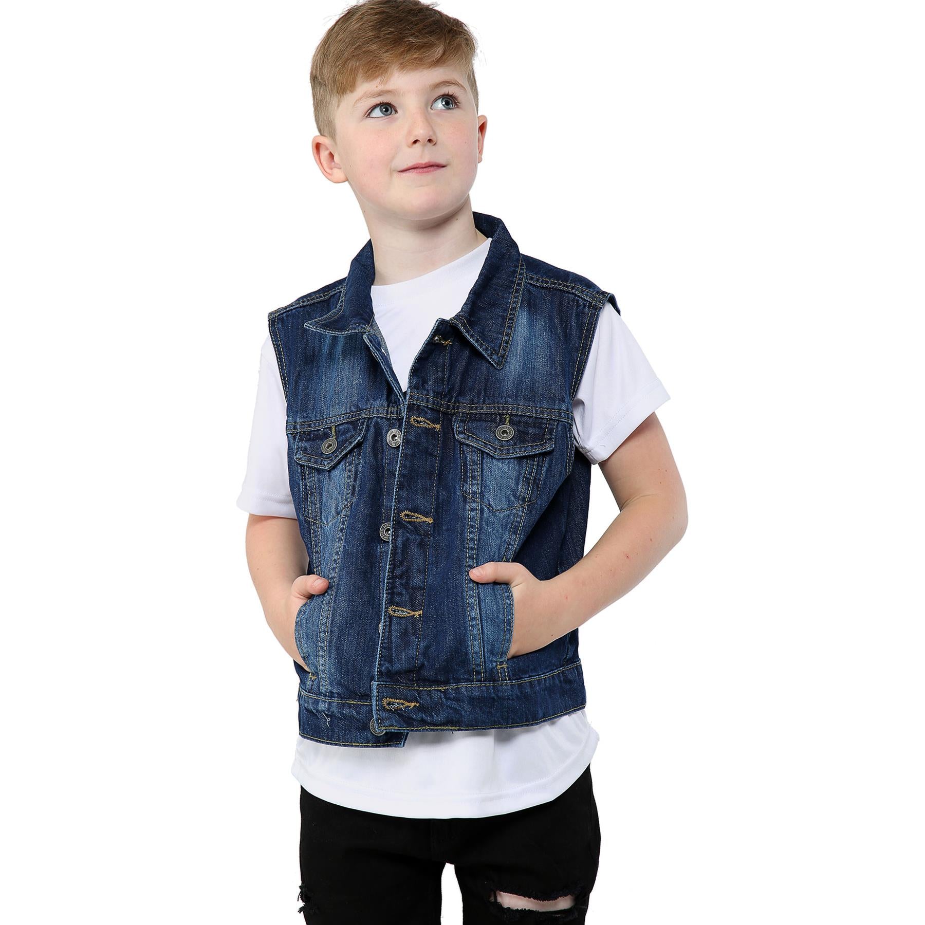 Kids Boys Denim Jacket Jeans Gilet Faded Sleeveless Coats Age 3-13 Years