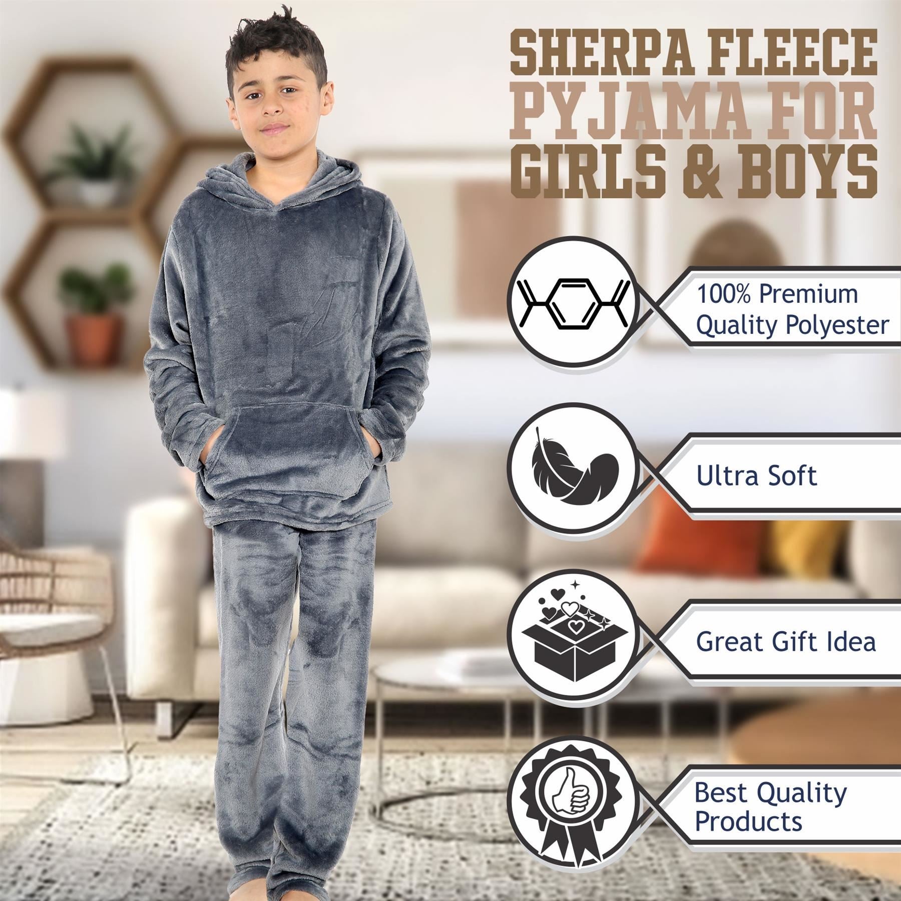 Kids Boys Girls Plain Hooded Warm Fleece Pyjamas 2 Piece PJS Set