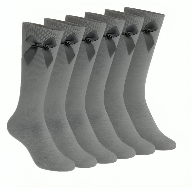 A2Z 4 Kids Girls 6 Pack Plain Knee High Socks With Ribbon Bow School Socks