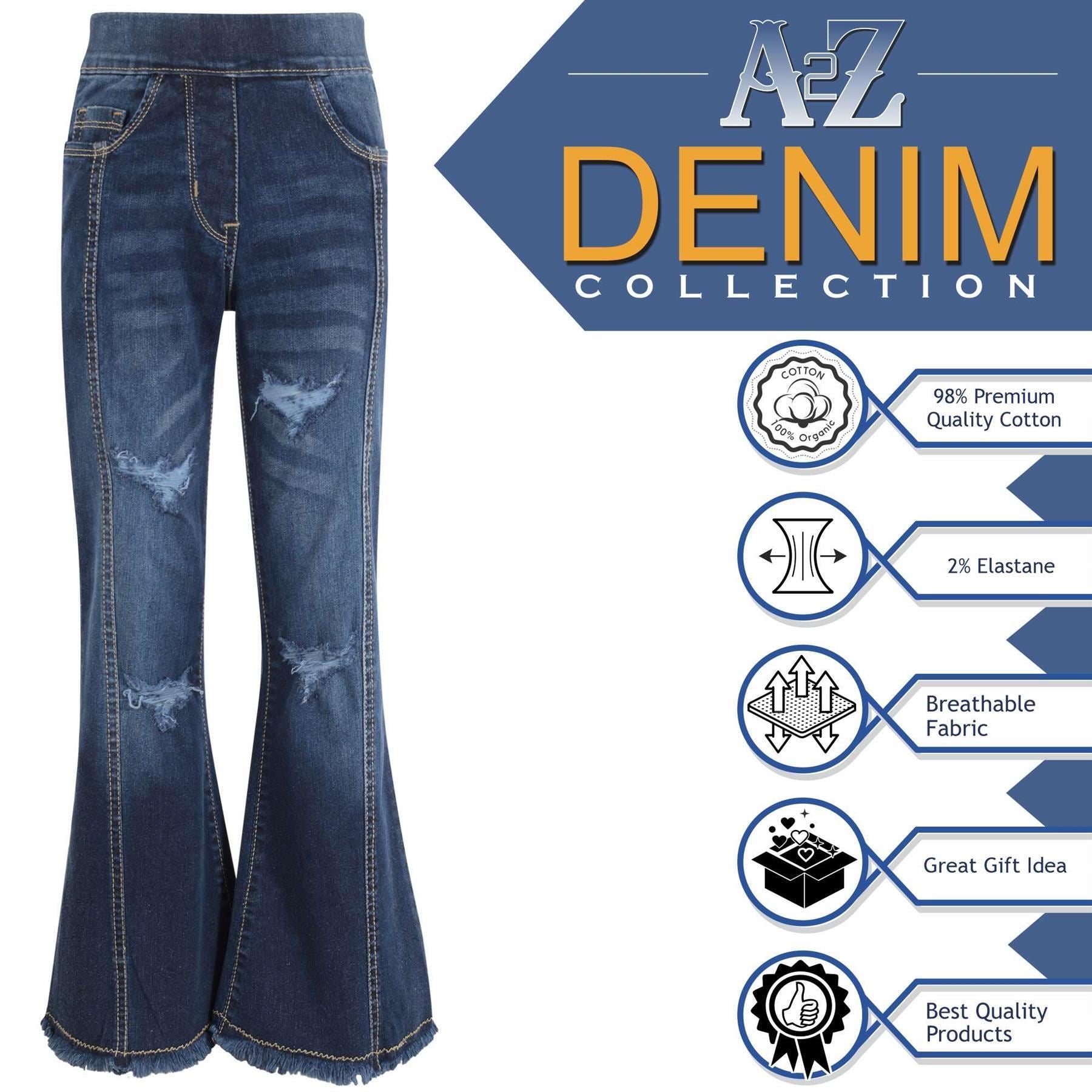 A2Z 4 Kids Girls Denim Jeans Stretchy Dark Bue Flared Ripped Bell Bottom Pants