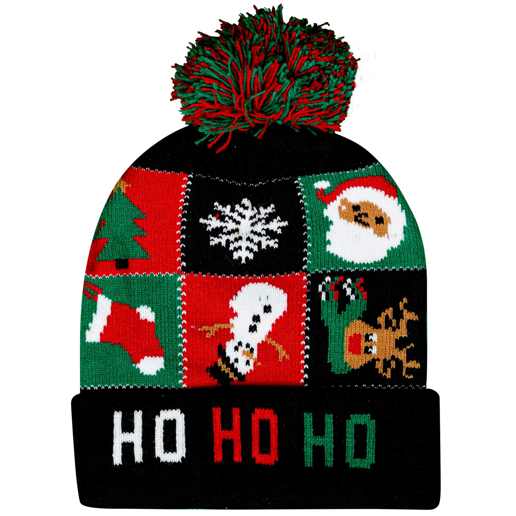 Kids Girls Hat Xmas Ho Ho Ho Pudding Knit Bobble Pom Pom Winter Warm Cozy Hats