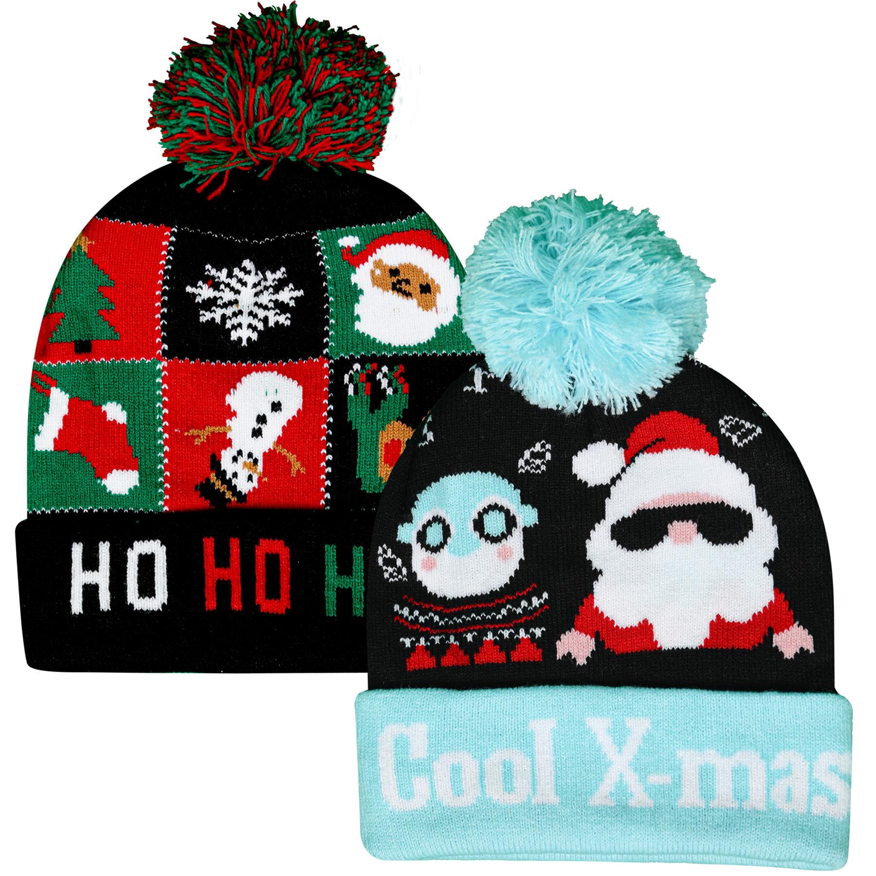 Kids Girls Hat Xmas Ho Ho Ho Pudding Knit Bobble Pom Pom Winter Warm Cozy Hats