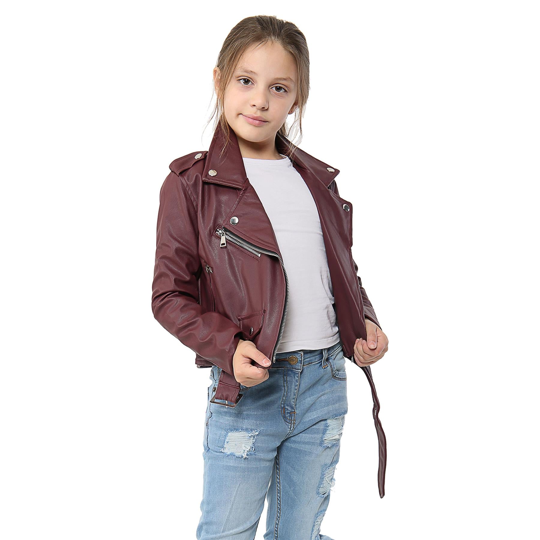 Kids Girls Jackets PU Leather Jacket Zip Up Coats