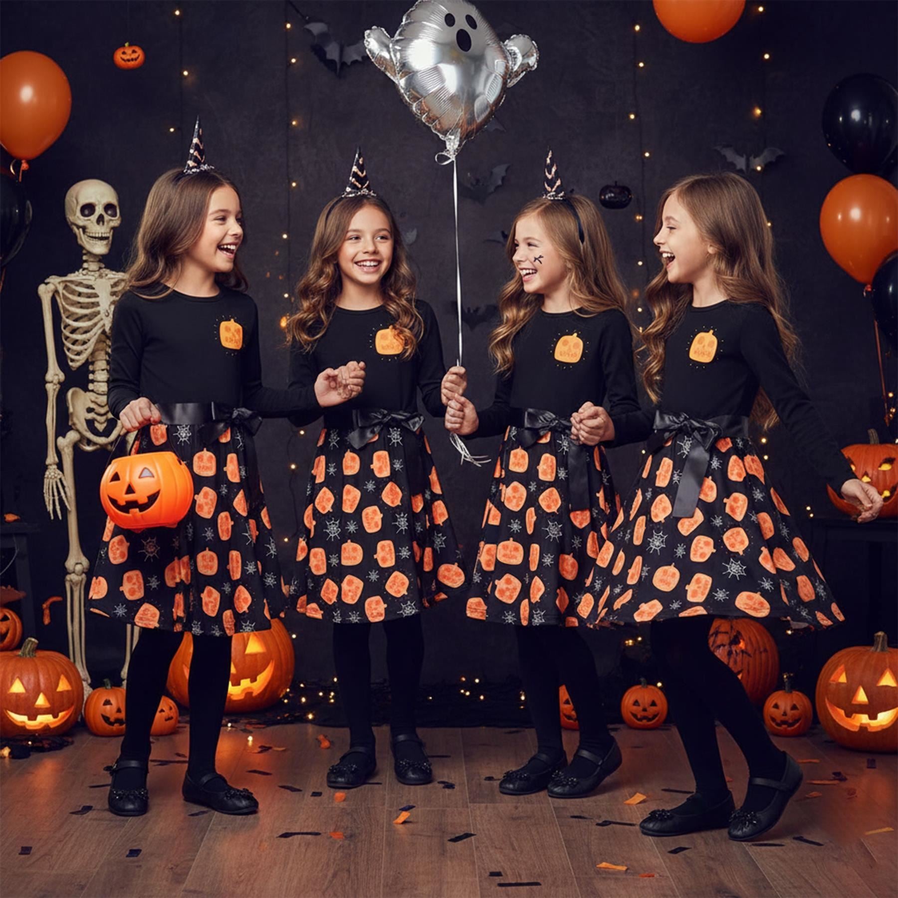 Girls Long Sleeves Black Panelled Pumpkins Print Halloween Skater Dress