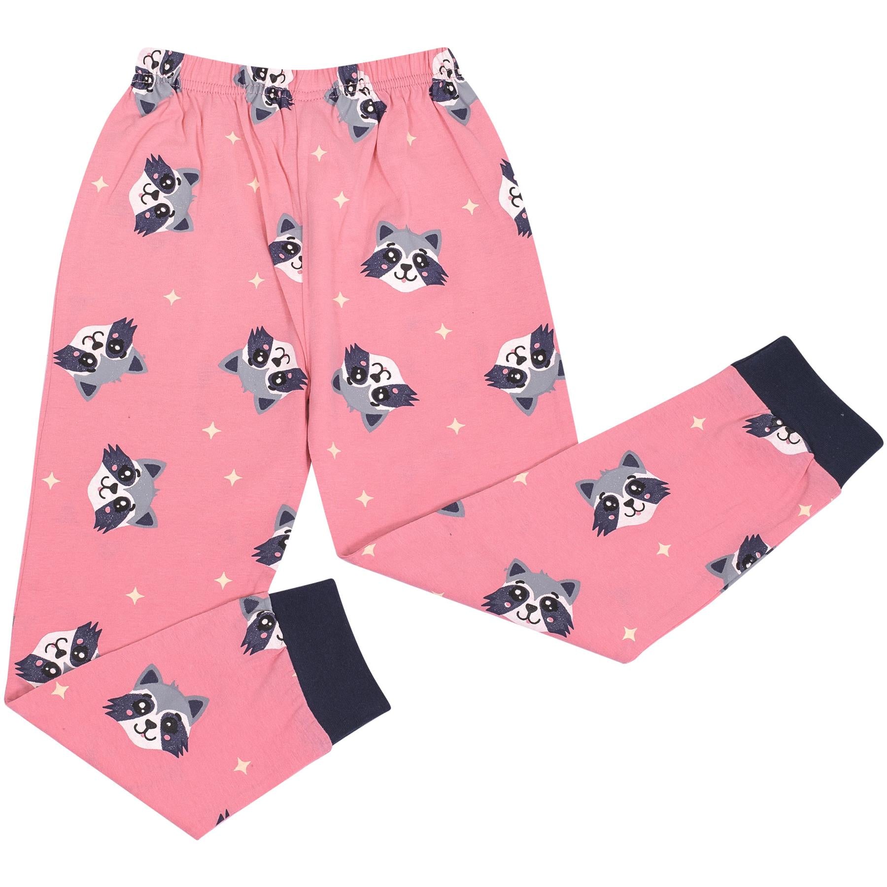 Kids Girls Pyjamas Moon & Raccoon Print Baby Pink Lounge Suit Set