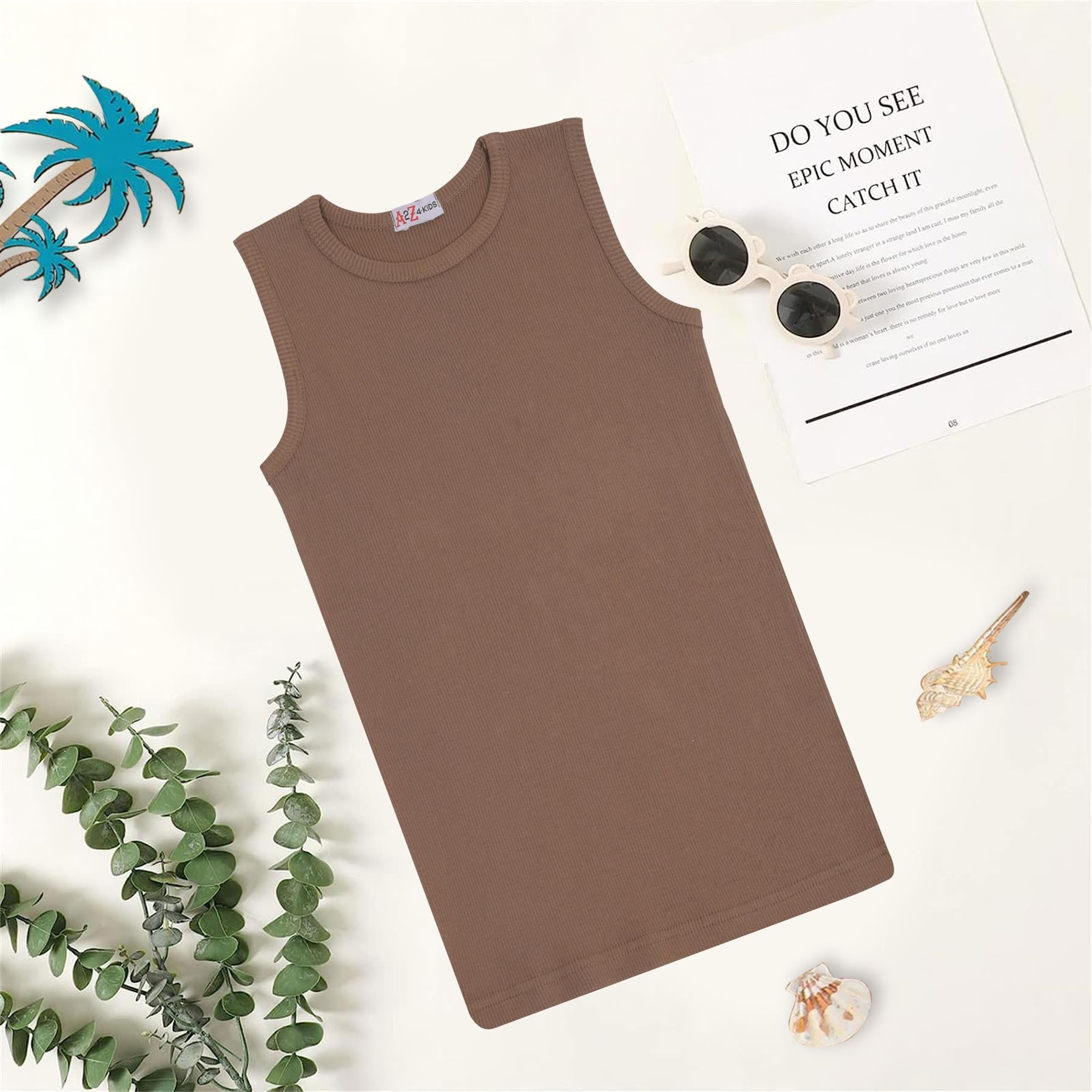 Kids Girls Ribbed Vest Top 100% Thick Cotton Fashion Tank Tops T Shirt 2-13 Year