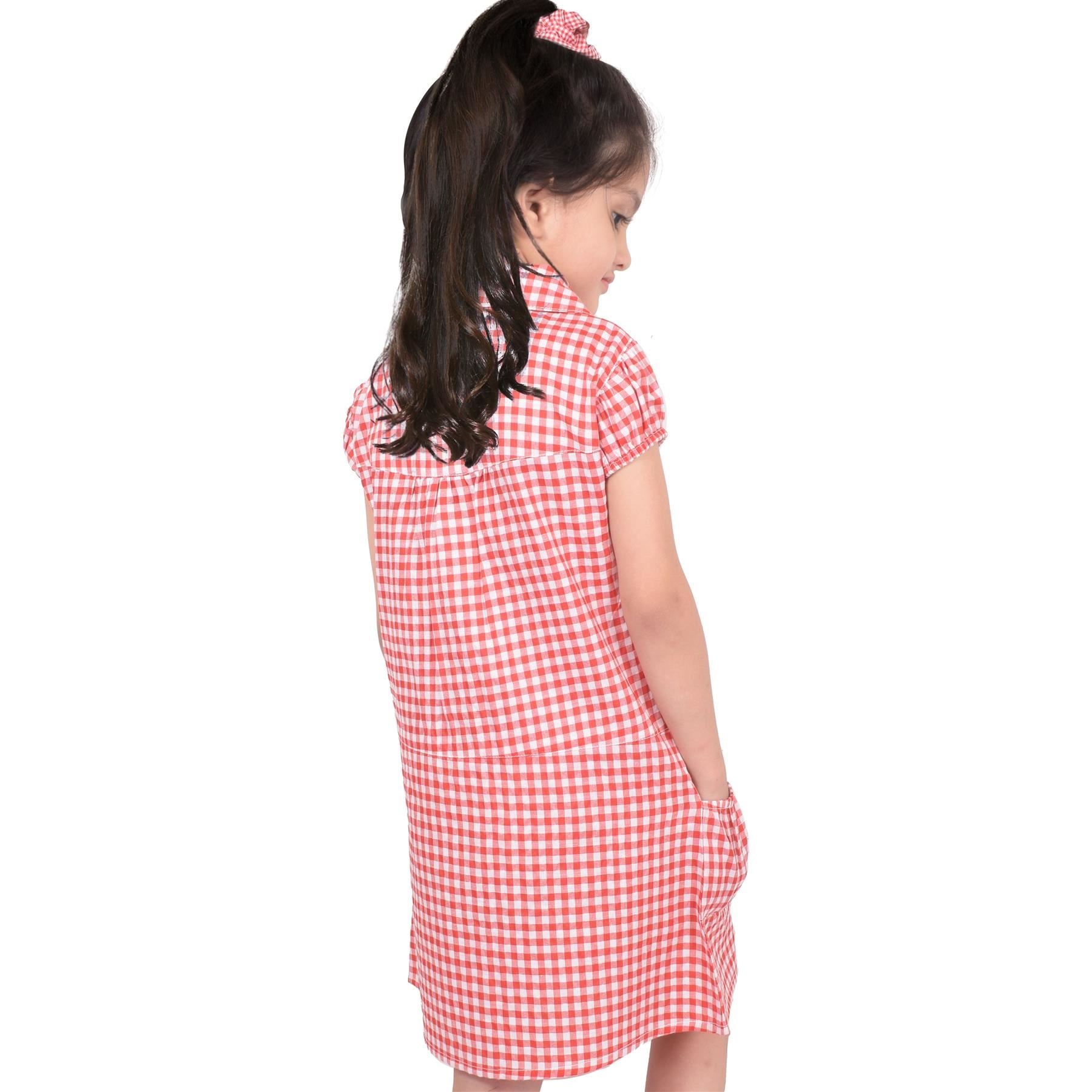 Kids Girls Gingham School Dress Check Printed Dresses With Matching Scrunchies