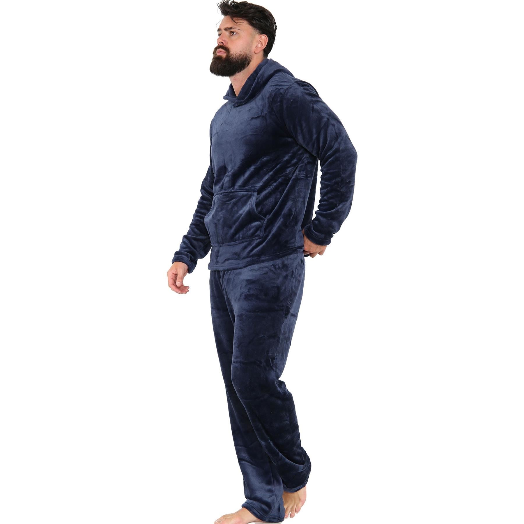 Mens Pyjamas Set Long Sleeve Hooded Plain Soft Fleece Pyjamas Set