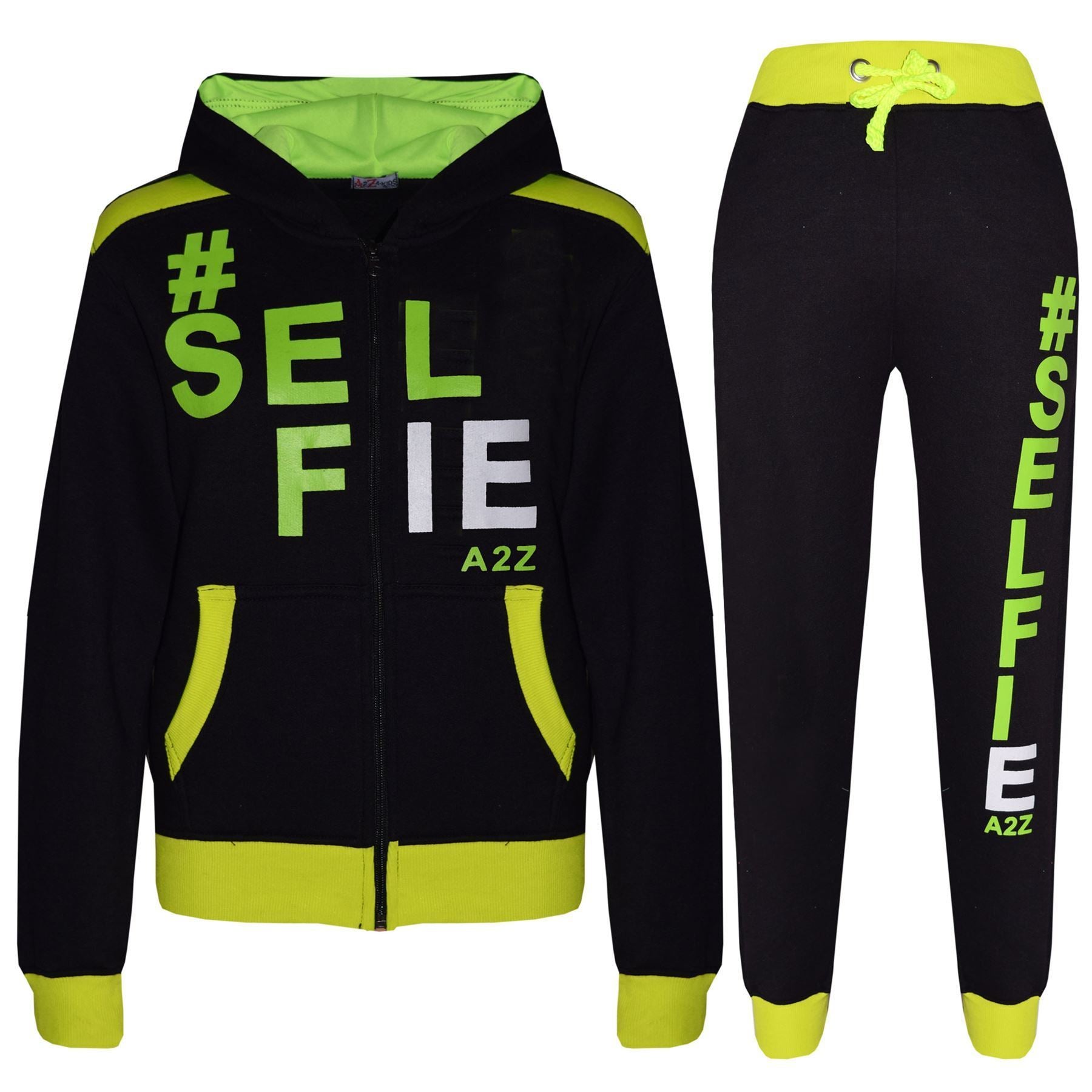 A2Z 4 Kids Girls Boys #SELFIE Tracksuit Hoodie & Joggers Outfit Set Top Bottom
