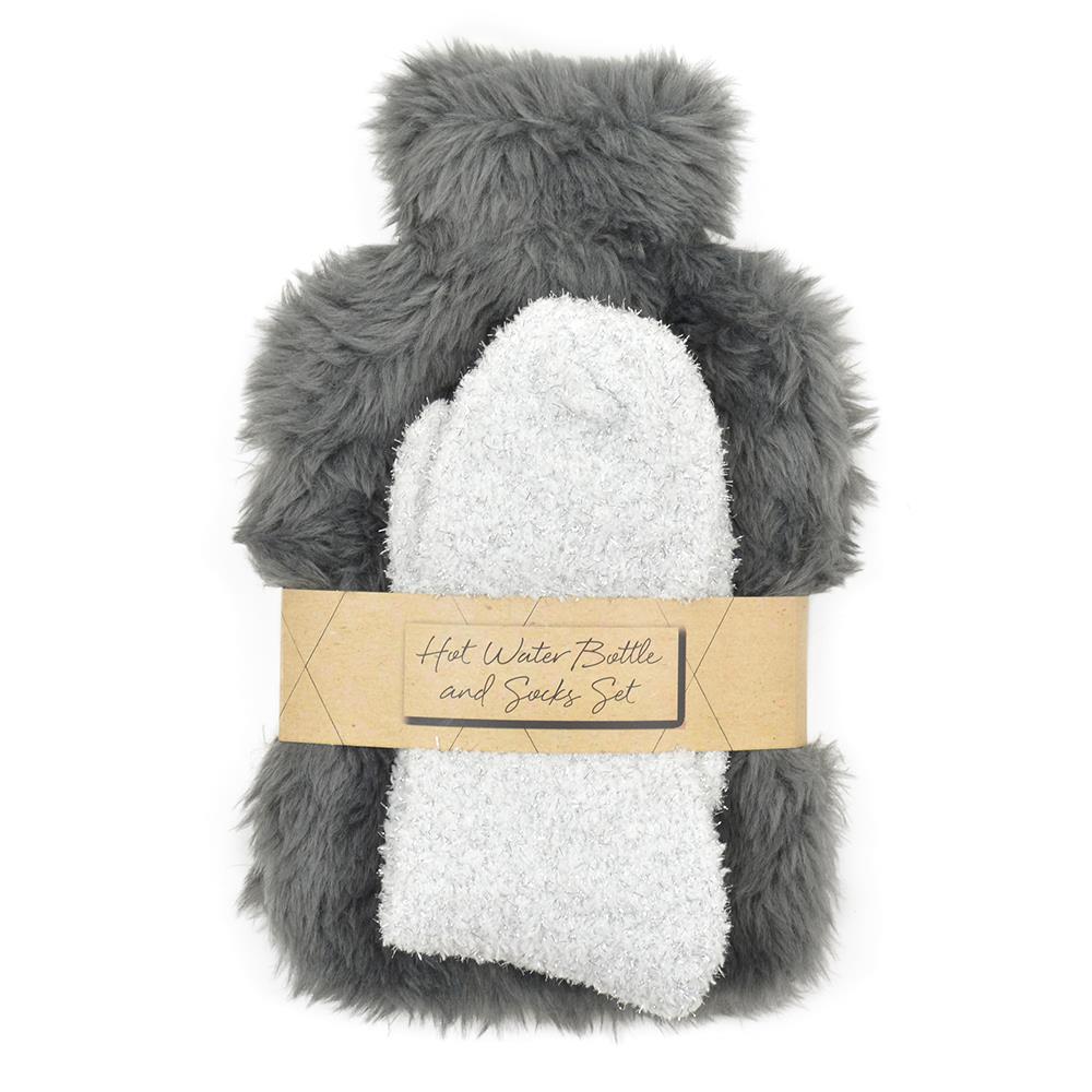 A2Z Hot Water Bottle 1.5 Litre Plush Faux Fur Fleece Cover & Cosy Socks Gift Set