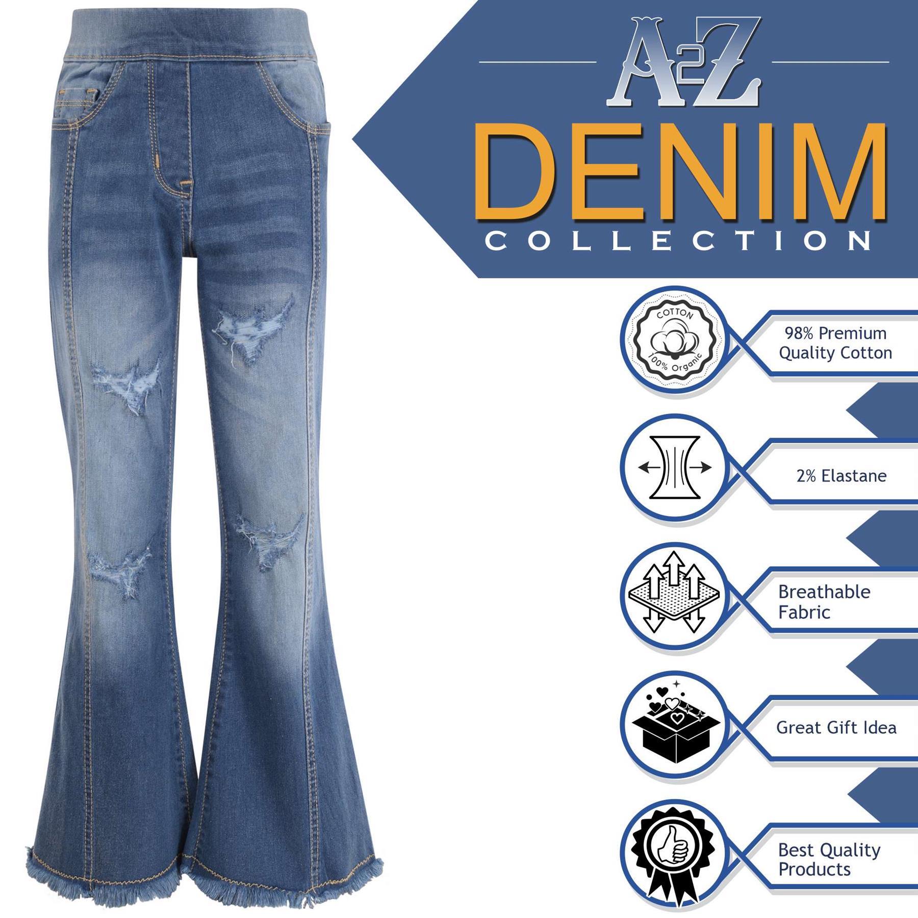 A2Z 4 Kids Girls Denim Jeans Stretchy Mid Bue Flared Ripped Bell Bottom Pants