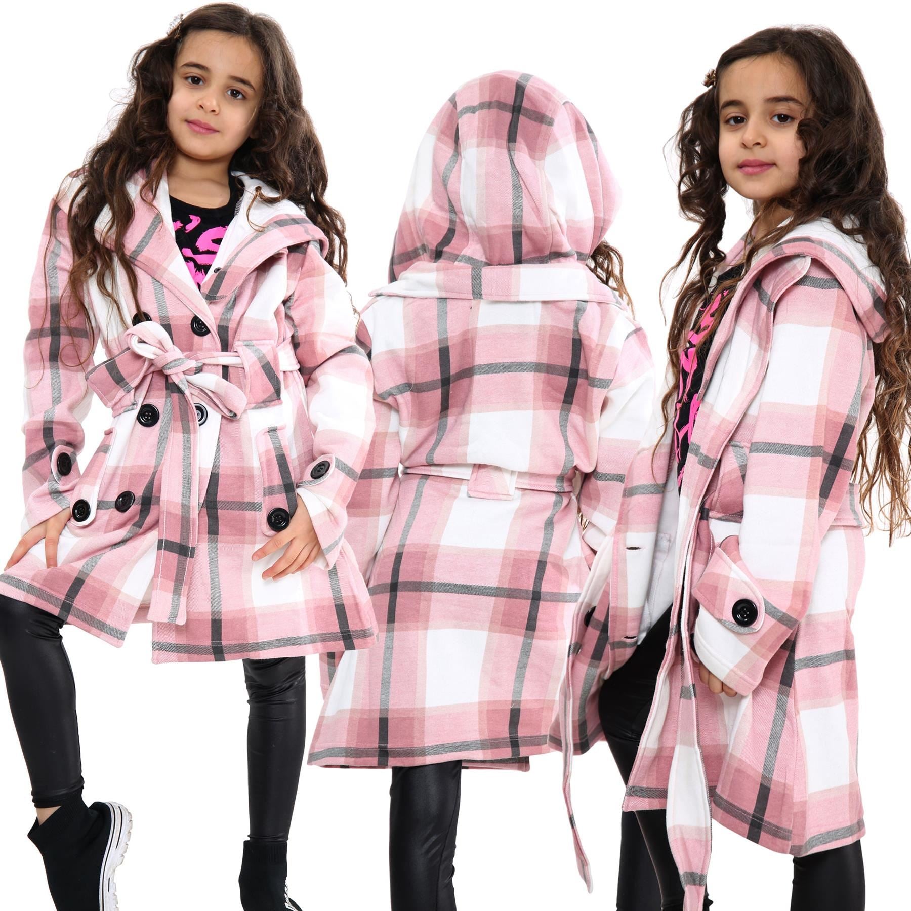 Kids Girls Overcoats Hooded Trench Coats Lapels Pink Check Padded Parka Jackets