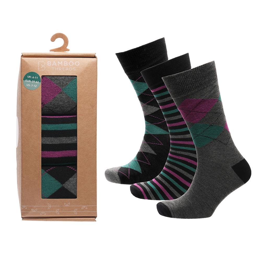 A2Z Mens 3 Pack Socks Gift Box Soft Argyle and Striped Designs Breathable Socks