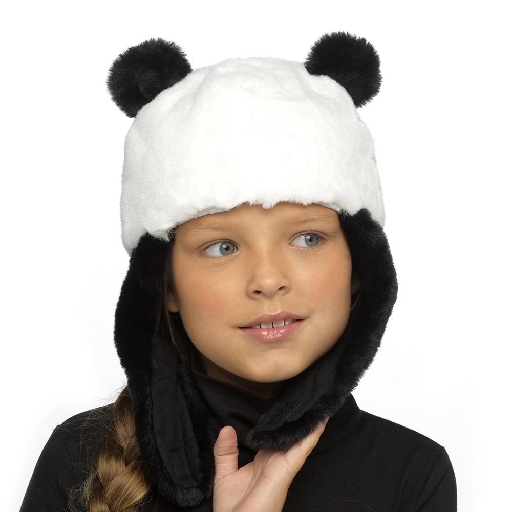 Kids Girls Faux Fur Fluffy Panda Animal Hat Chin Fastening Winter Warm Cozy Hats