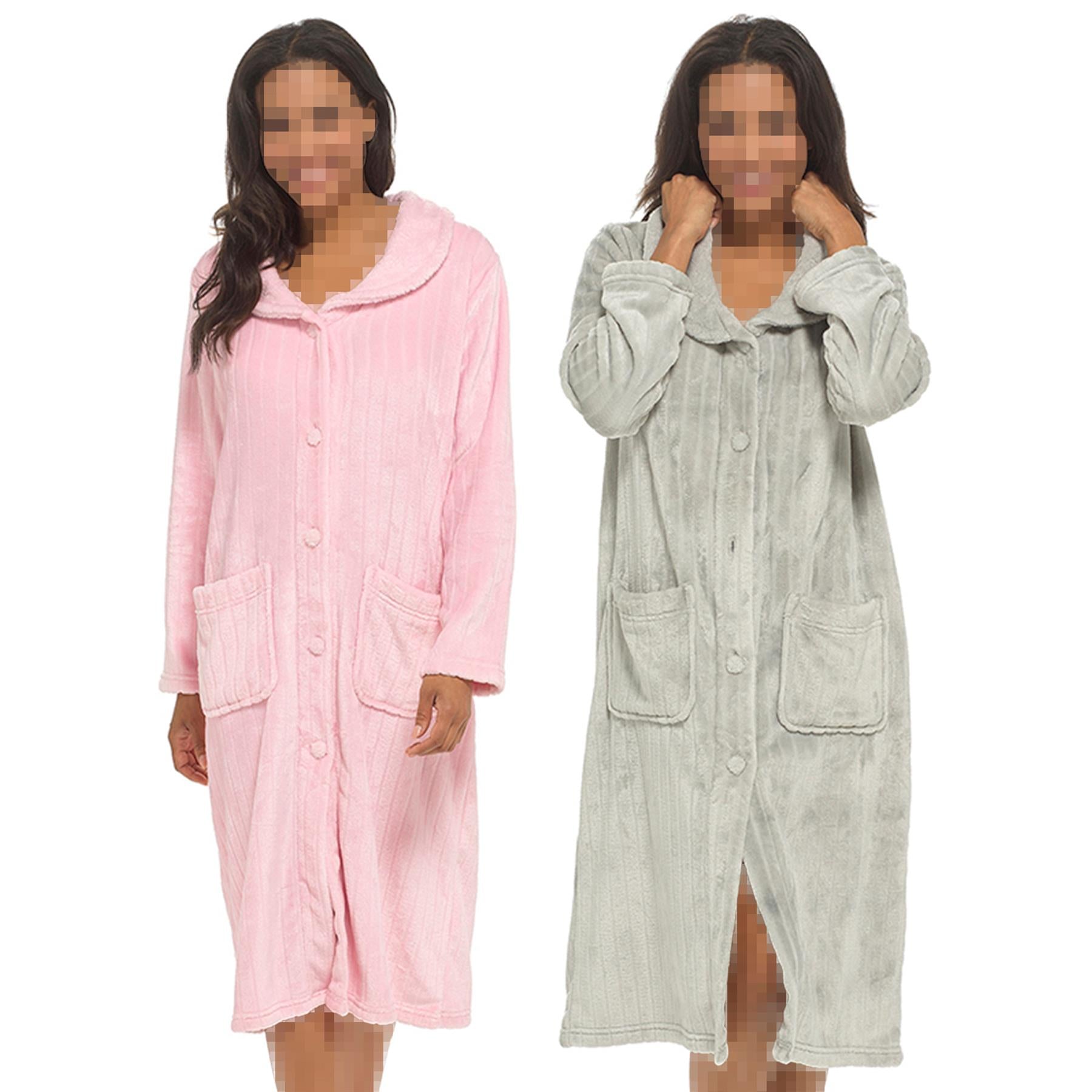 Womens Dressing Gown Soft Fleece Button Fluffy Bathrobe Shawl Collar Ladies Robe