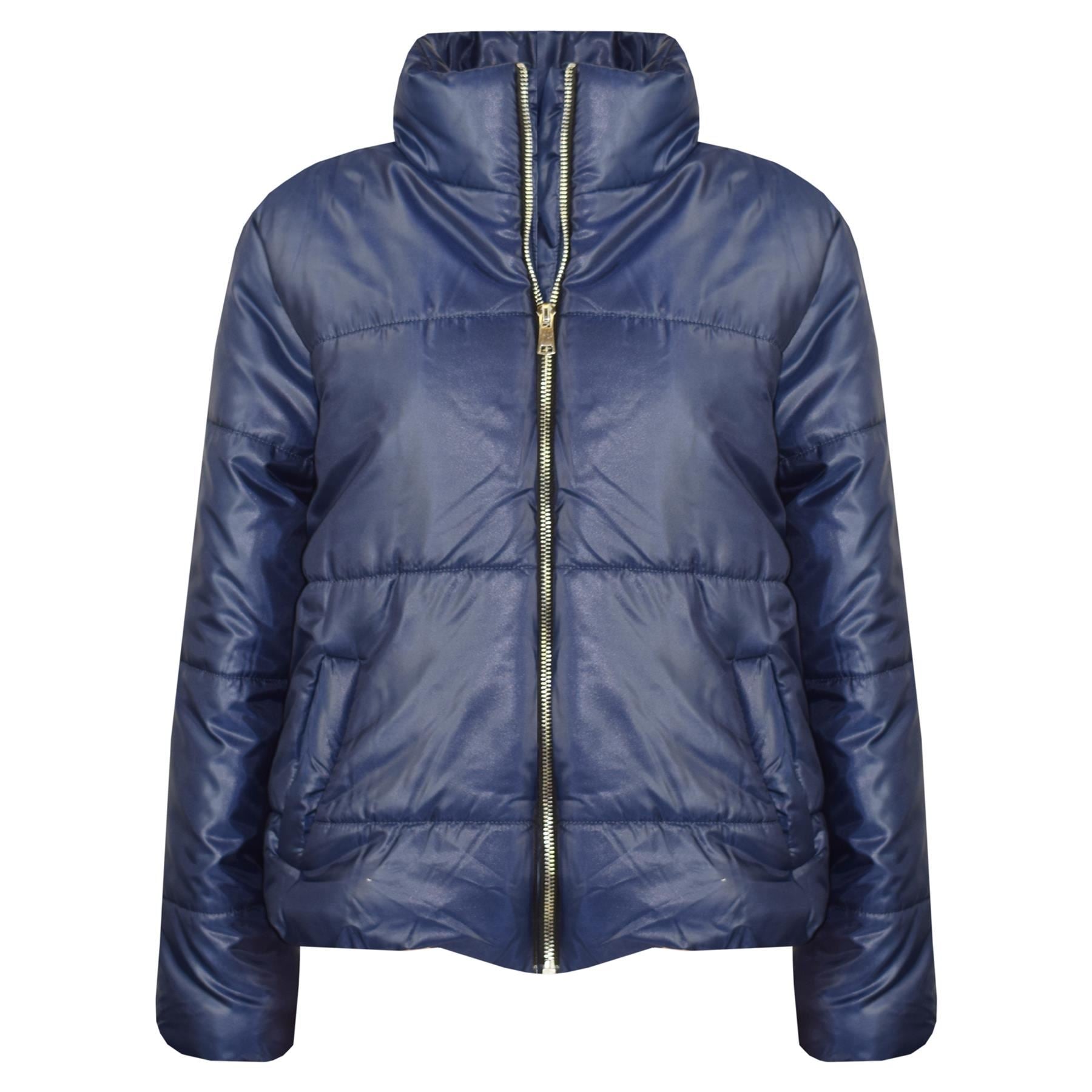 Girls Navy Wetlook Padded Quilted Puffer Jacket