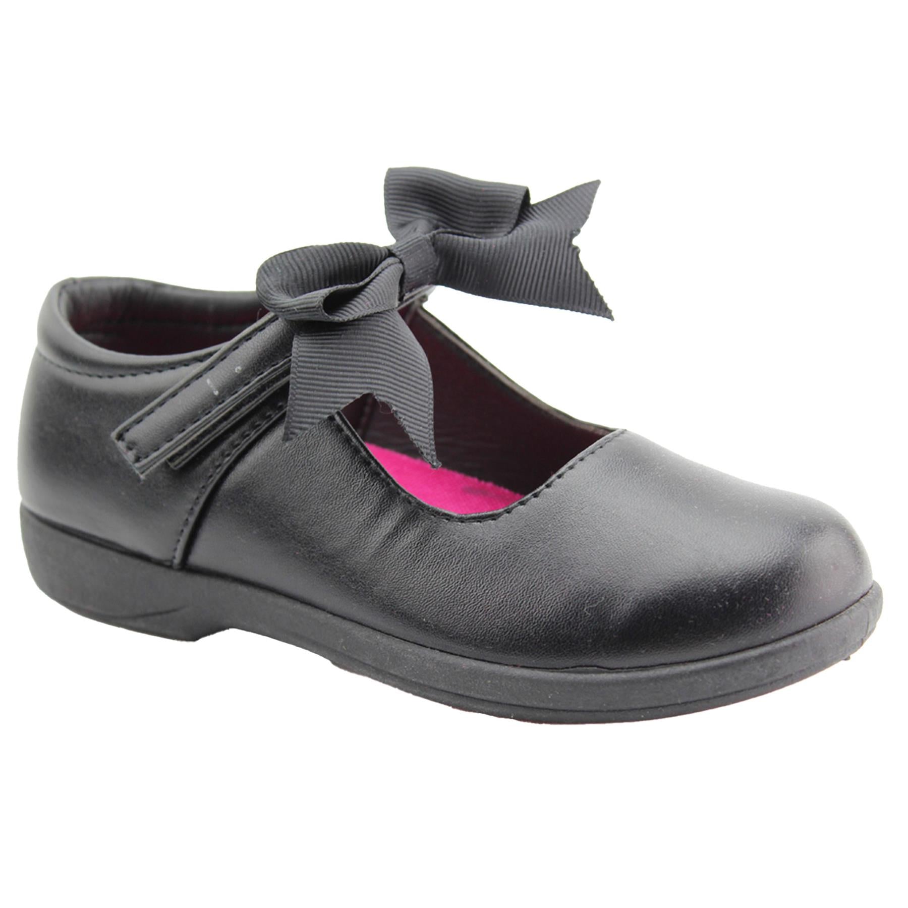 A2Z 4 Kids Girls Touch Fasten Black PU Leather Shoes With Bow Back to School