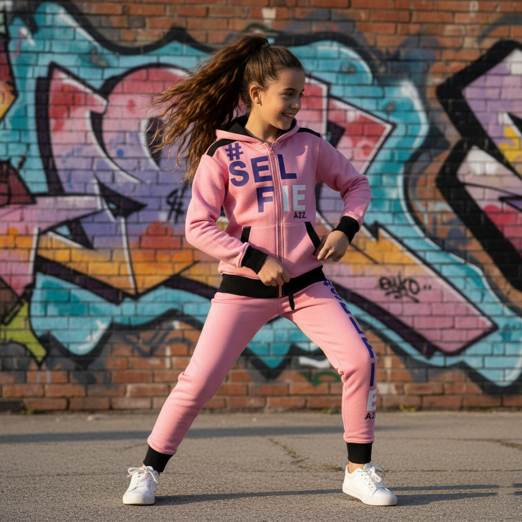 A2Z 4 Kids Girls Boys #SELFIE Tracksuit Hoodie & Joggers Outfit Set Top Bottom