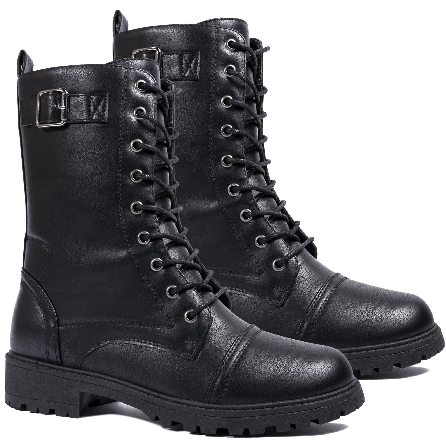 A2Z Womens Combat Boots PU Leather Lace Up Fastening Ladies Army Military Shoes