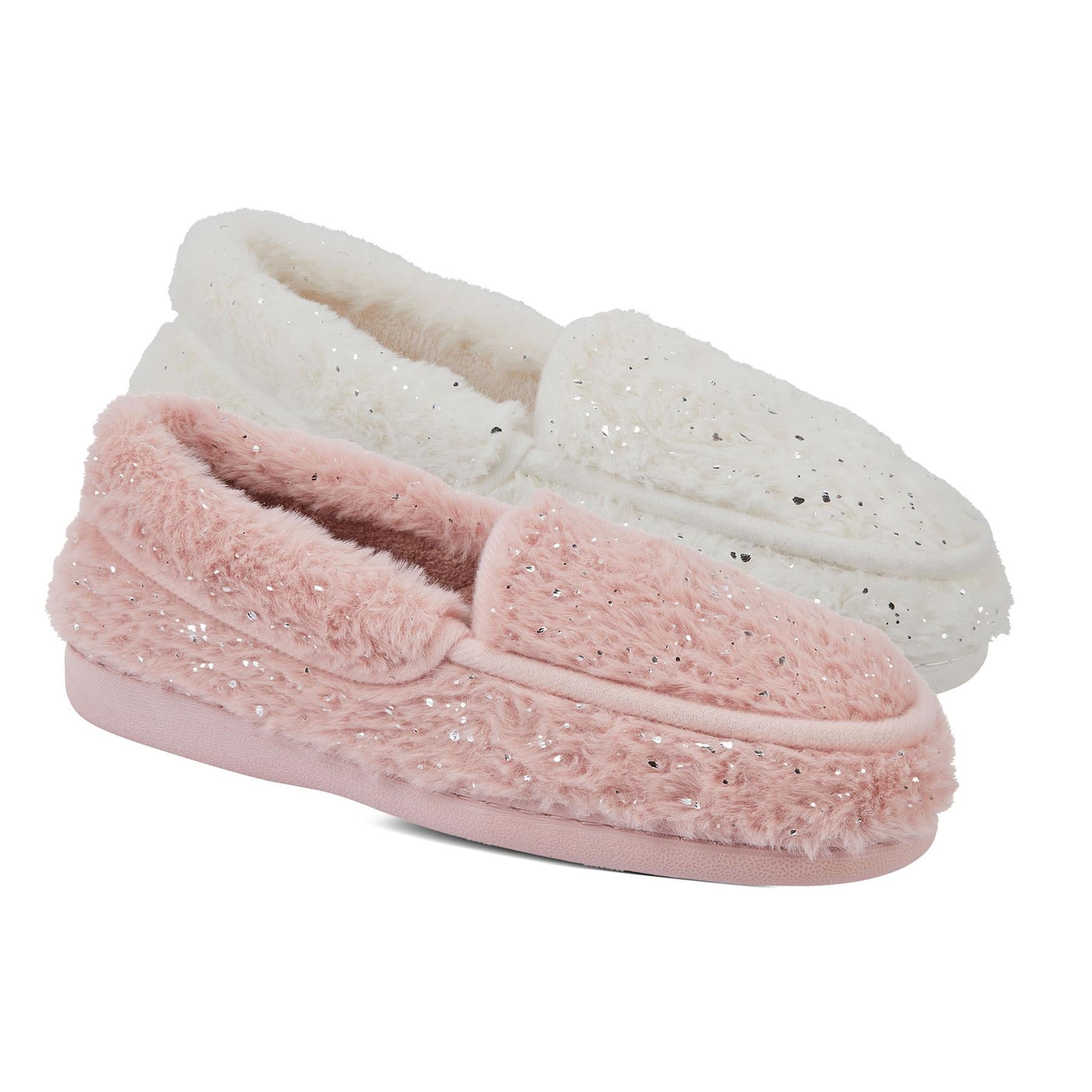 A2Z Womens Loafer Ladies Fluffy Sparkle Fur Moccasin Style House Warm Slippers