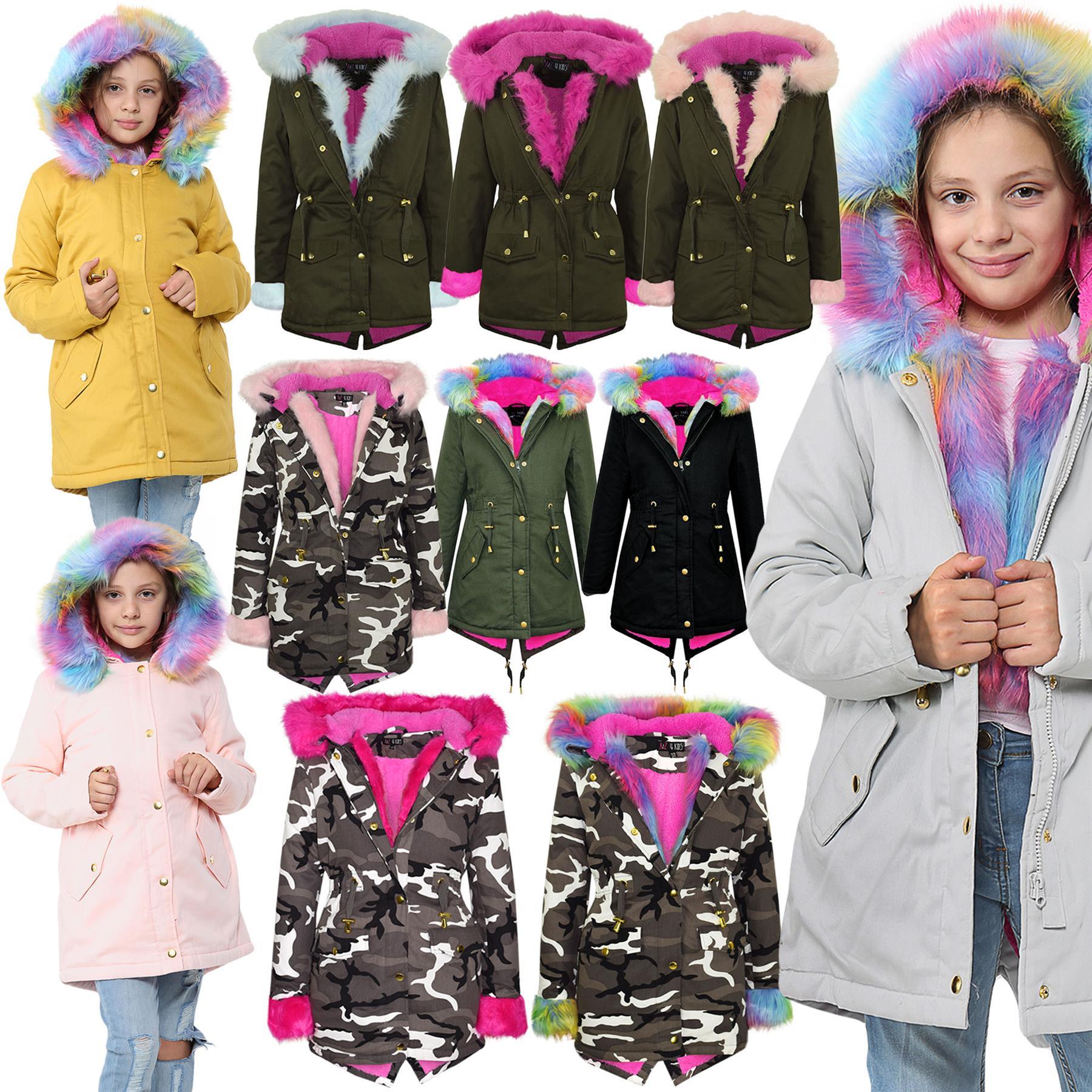 Kids Girls Hooded Jacket Rainbow Faux Fur Parka School Jackets Outerwear