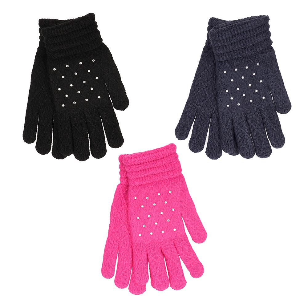 Ladies Gloves 3 Pack Diamante Magic Warm Knitted Thermal Gloves One Size Mittens