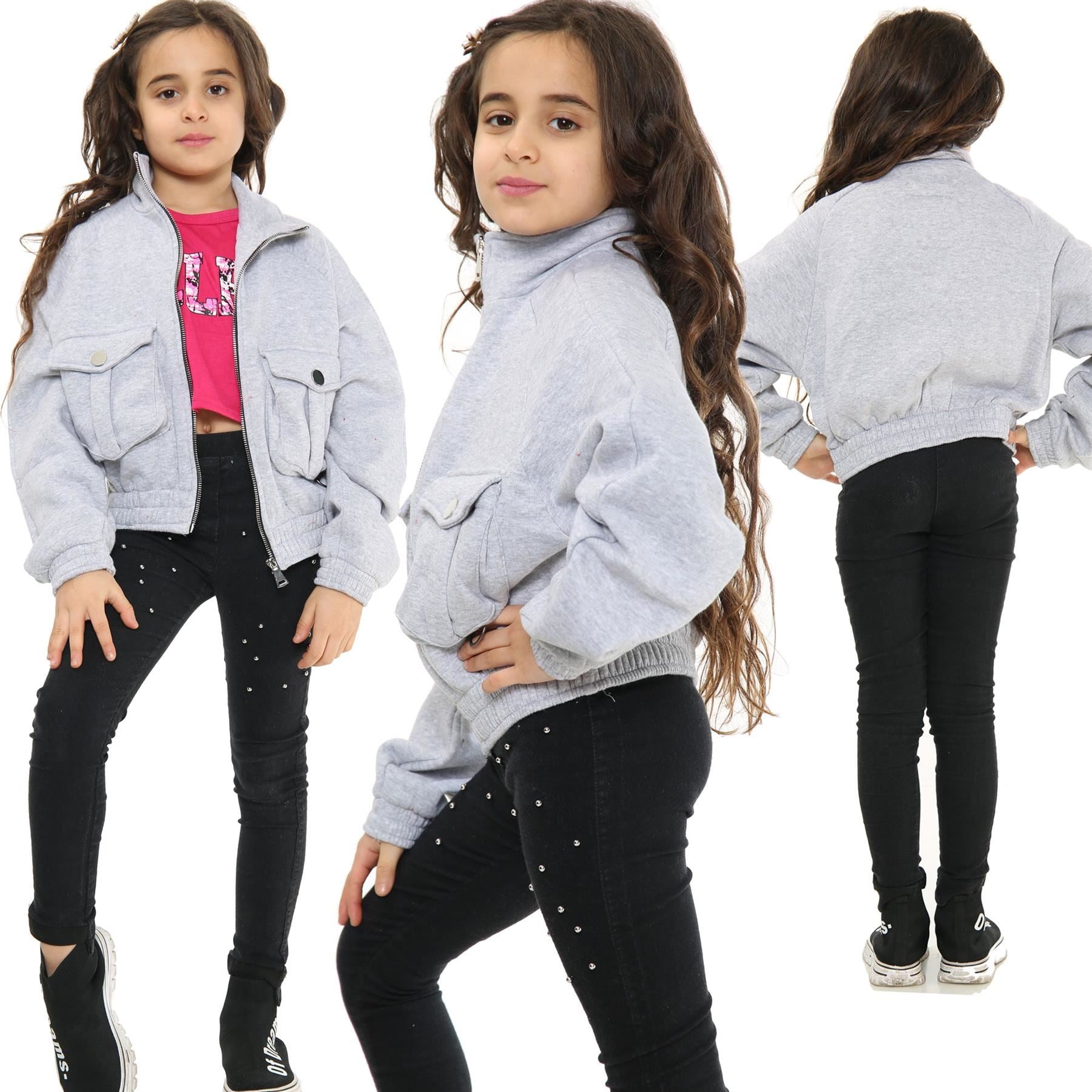 Kids Girls Plain Zip Up Cropped Grey Jackets Utility Pockets Fleece Coats 7-13 Y