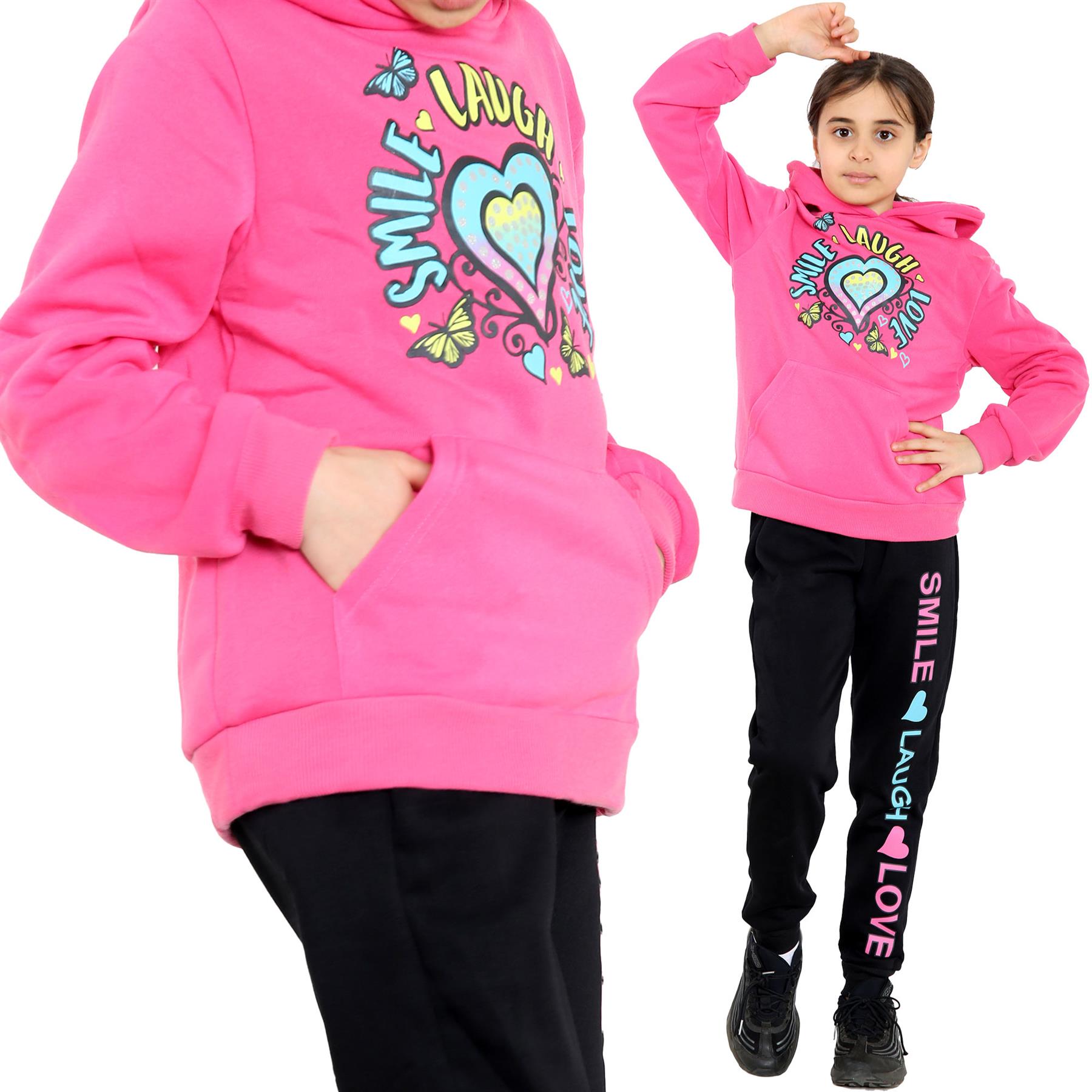 A2Z 4 Kids Girls Tracksuit Smile Laugh Love Print Hooded Top Bottoms Outfit Set