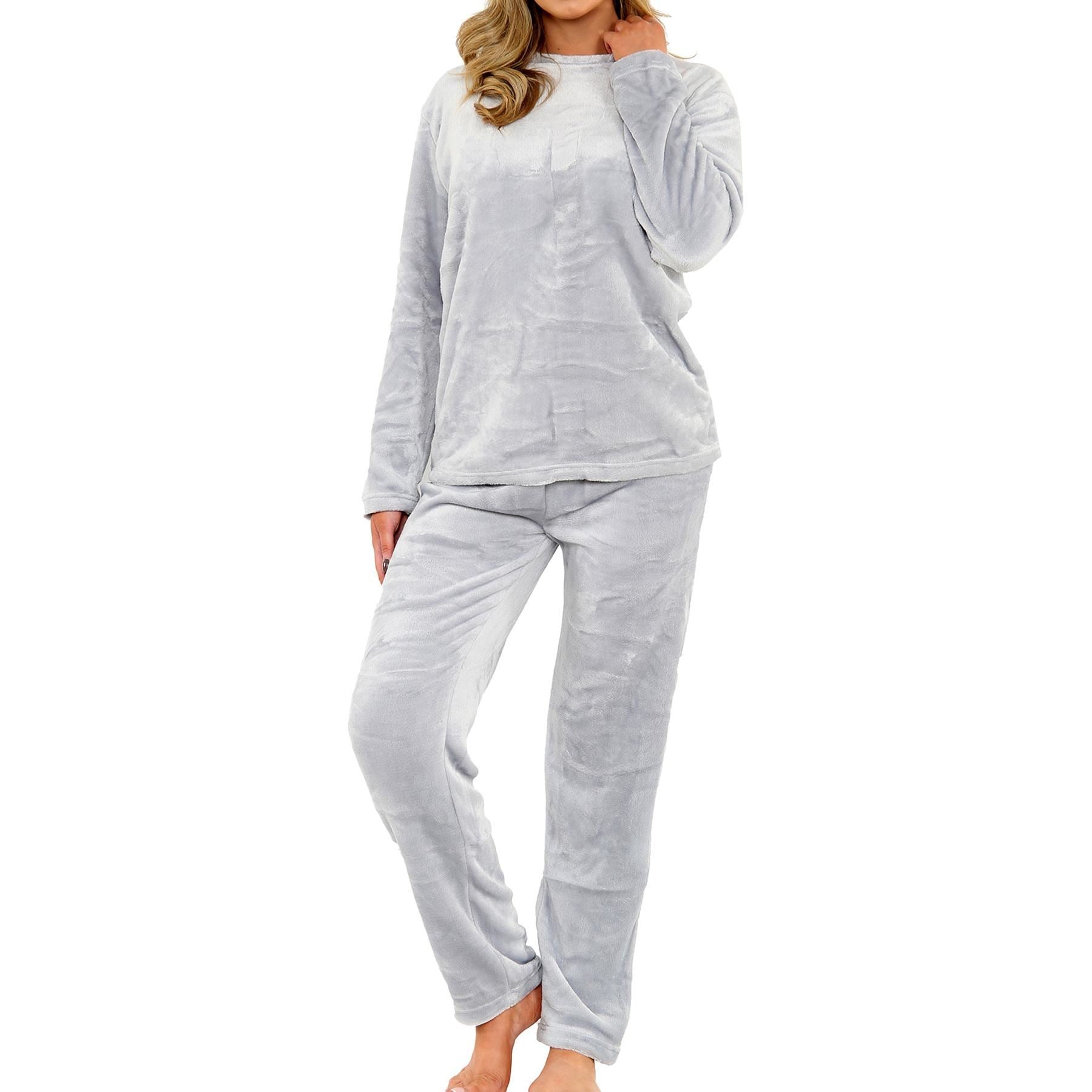 Ladies Pyjamas Soft Warm Fleece Adults Crew Neck Pyjamas 2 Piece Gift Set