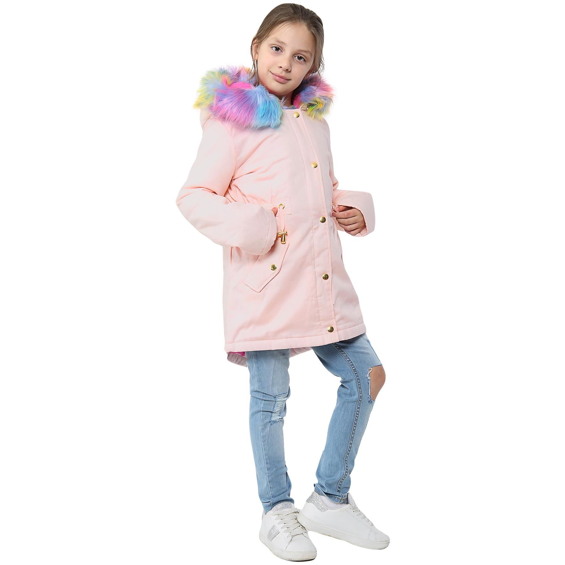 Kids Girls Hooded Jacket Rainbow Faux Fur Parka School Jackets Outerwear
