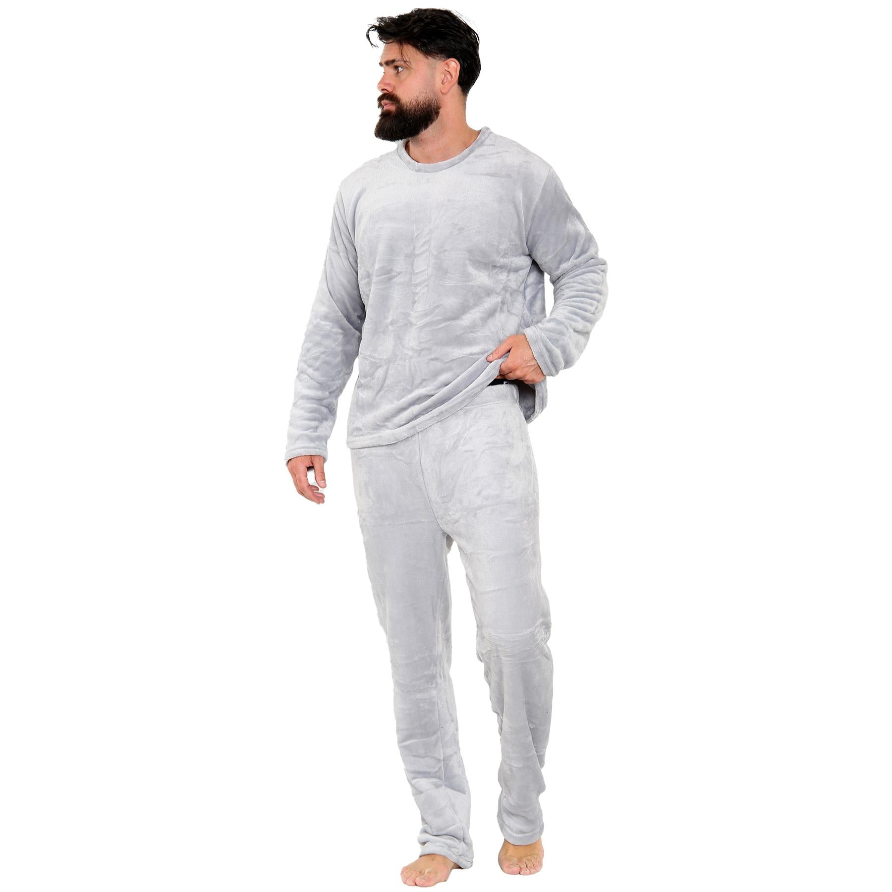 Mens Pyjamas Set Long Sleeve Crew Neck Plain Soft Fleece Pyjamas Set