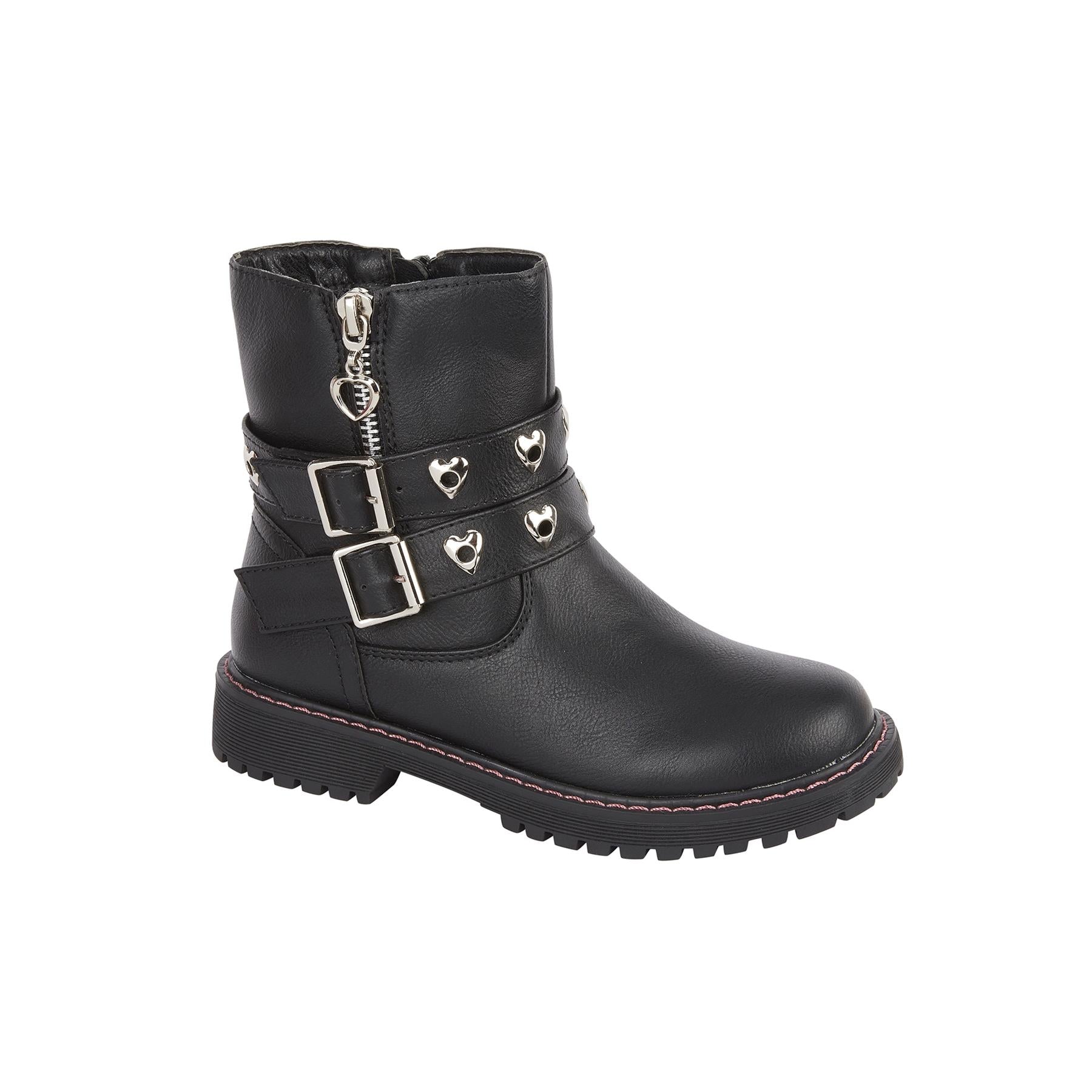 Kids Girls Ankle Boots PU Leather Back To School Zip Up Double Strap Heart Shoes