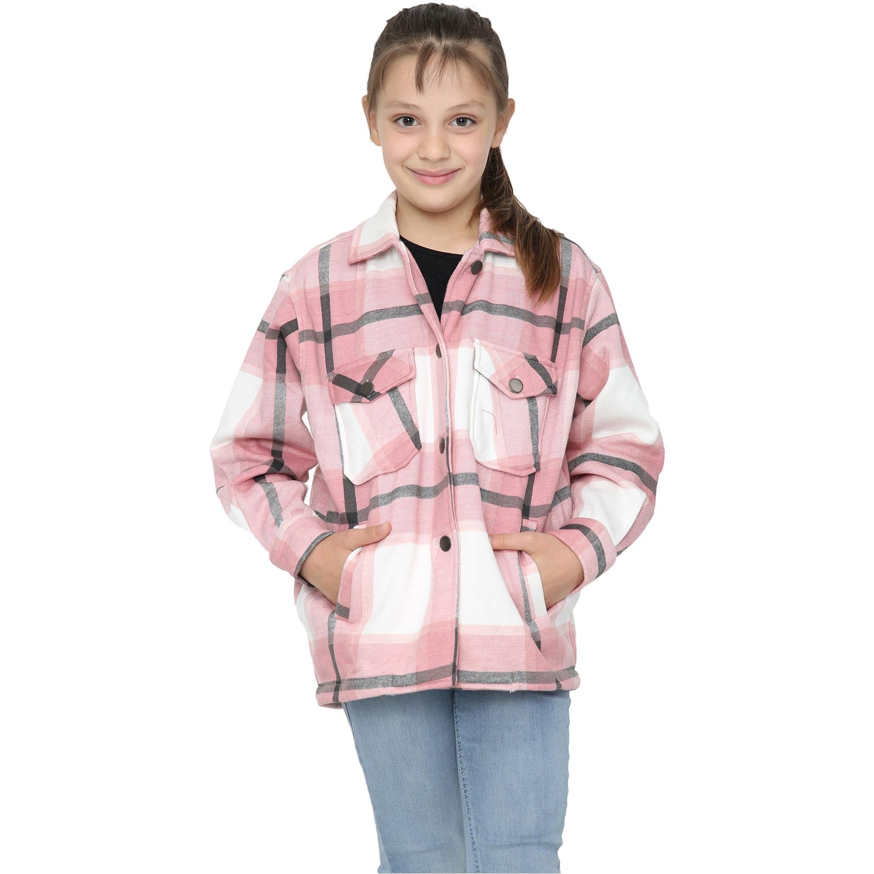 Kids Girls Check Print Pink Jackets Tunic Fleece Collared Fashion Coat 7-13 Year