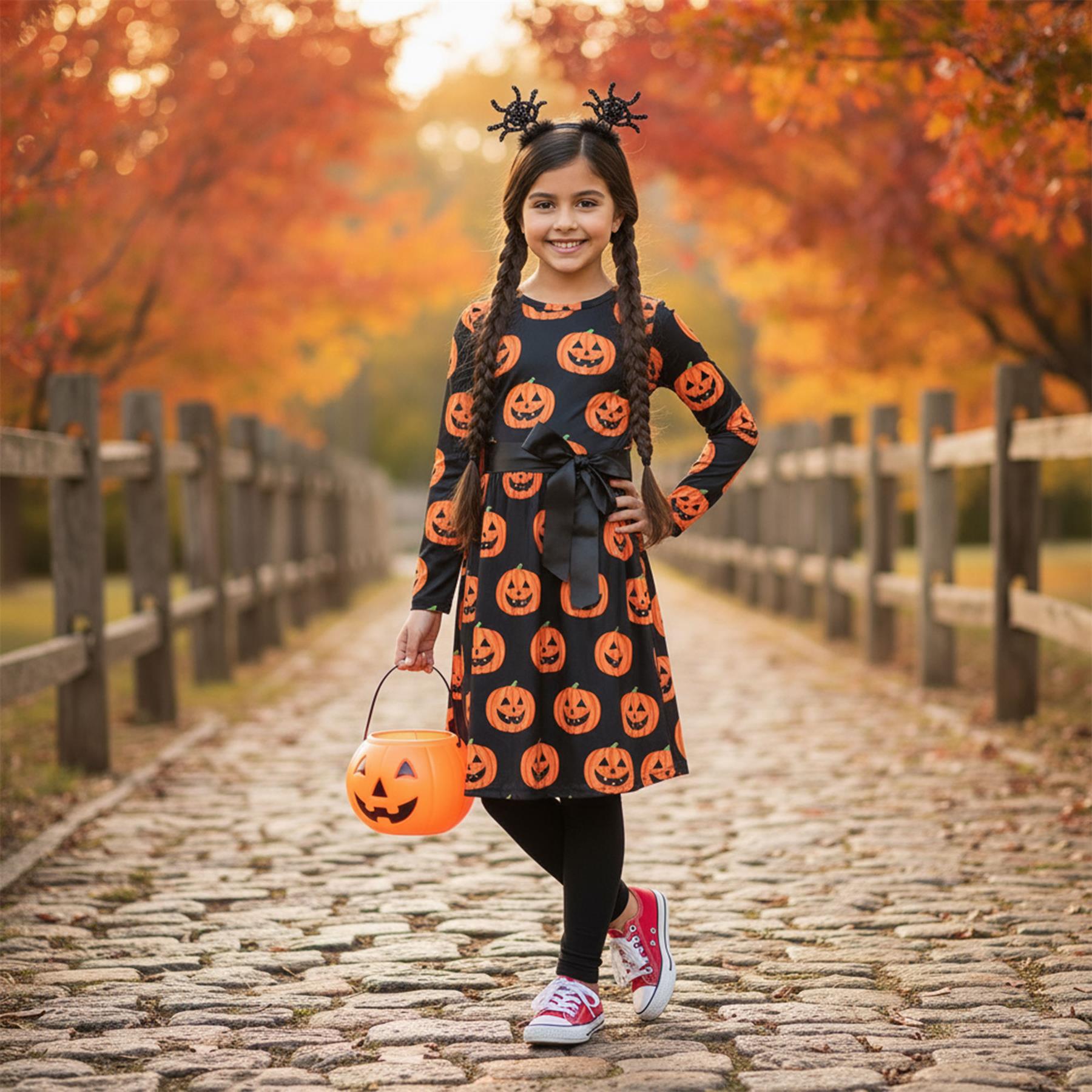 Girls Long Sleeves Pumpkins & Spider Web Print Halloween Skater Dress