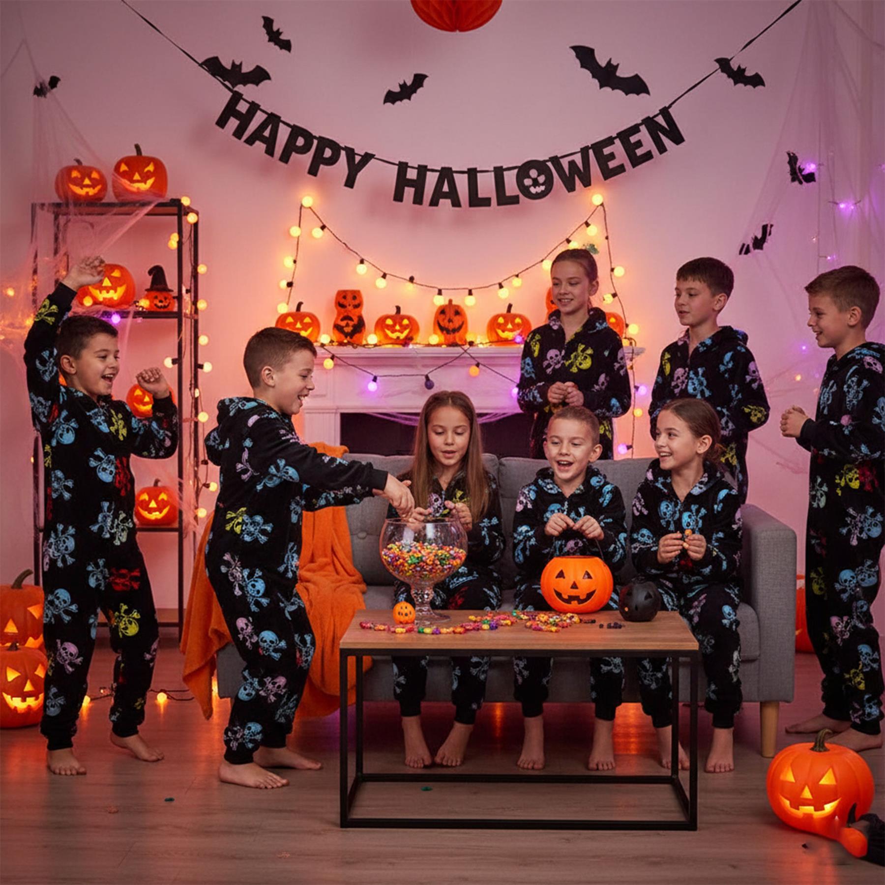 Kids Fun Halloween Skull Bones Print Onesie Pyjama Sets For Girls Boys Jumpsuit