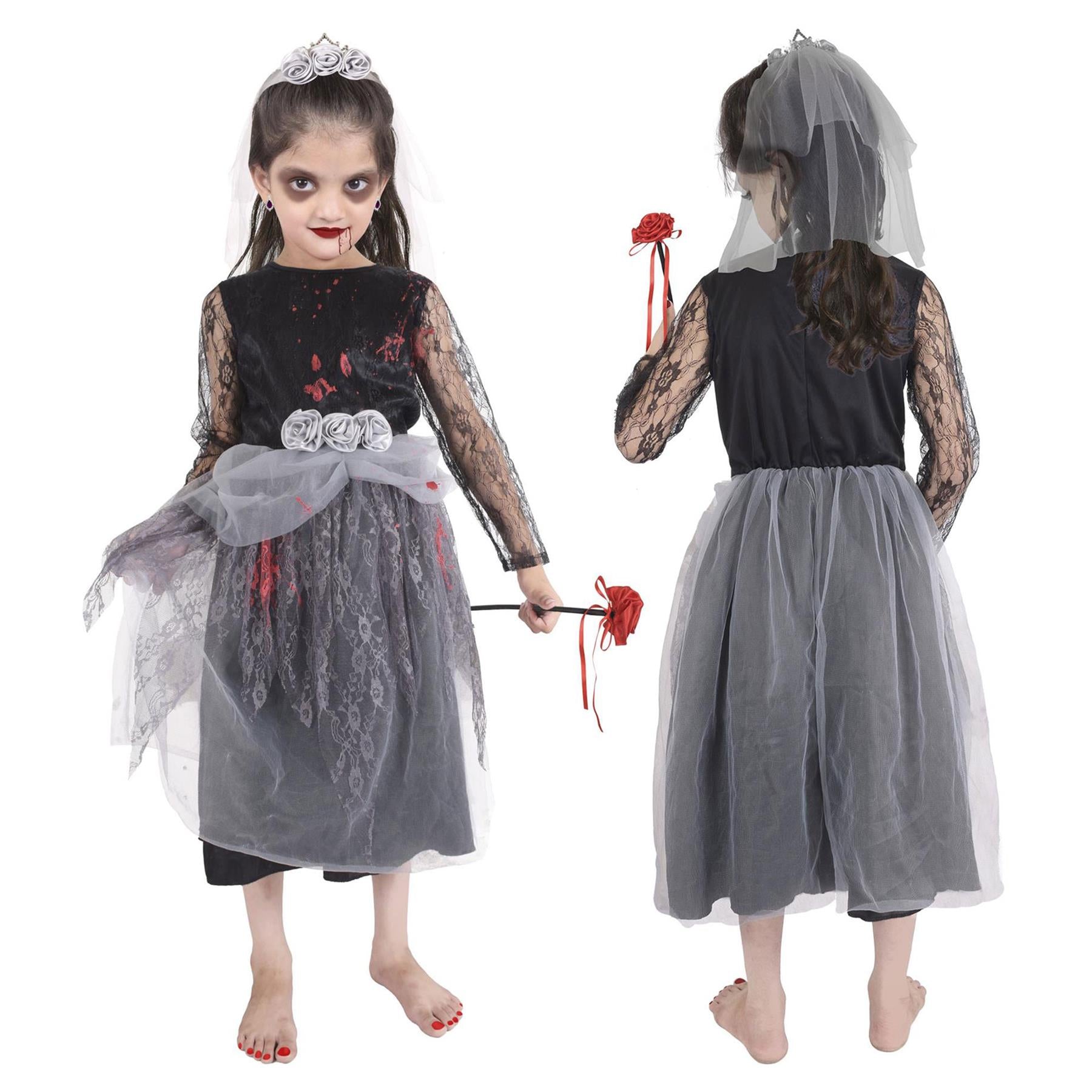 Kids Girls Zombie Bride Halloween Fancy Dress Spooky Costume Bloody Corps Gown