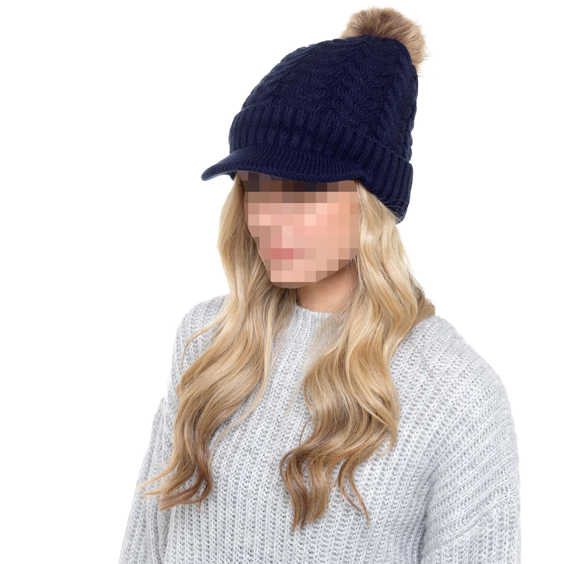 A2Z Ladies Hat Cable Knit Peaked Sherpa Detachable Pom Pom Winter Warm Cozy Caps