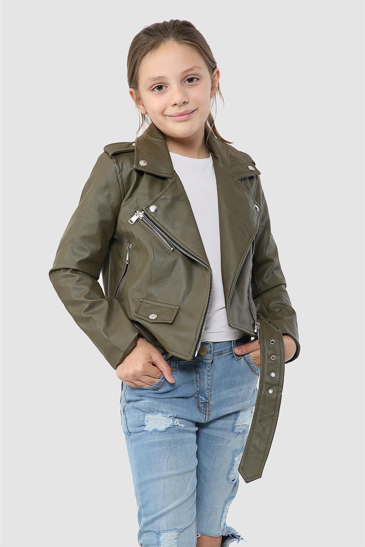 Kids Girls Jackets PU Leather Jacket Zip Up Coats