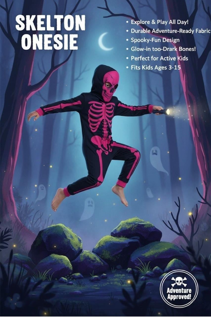 Girls Boys Neon Pink Skeleton Print Pyjama Halloween
