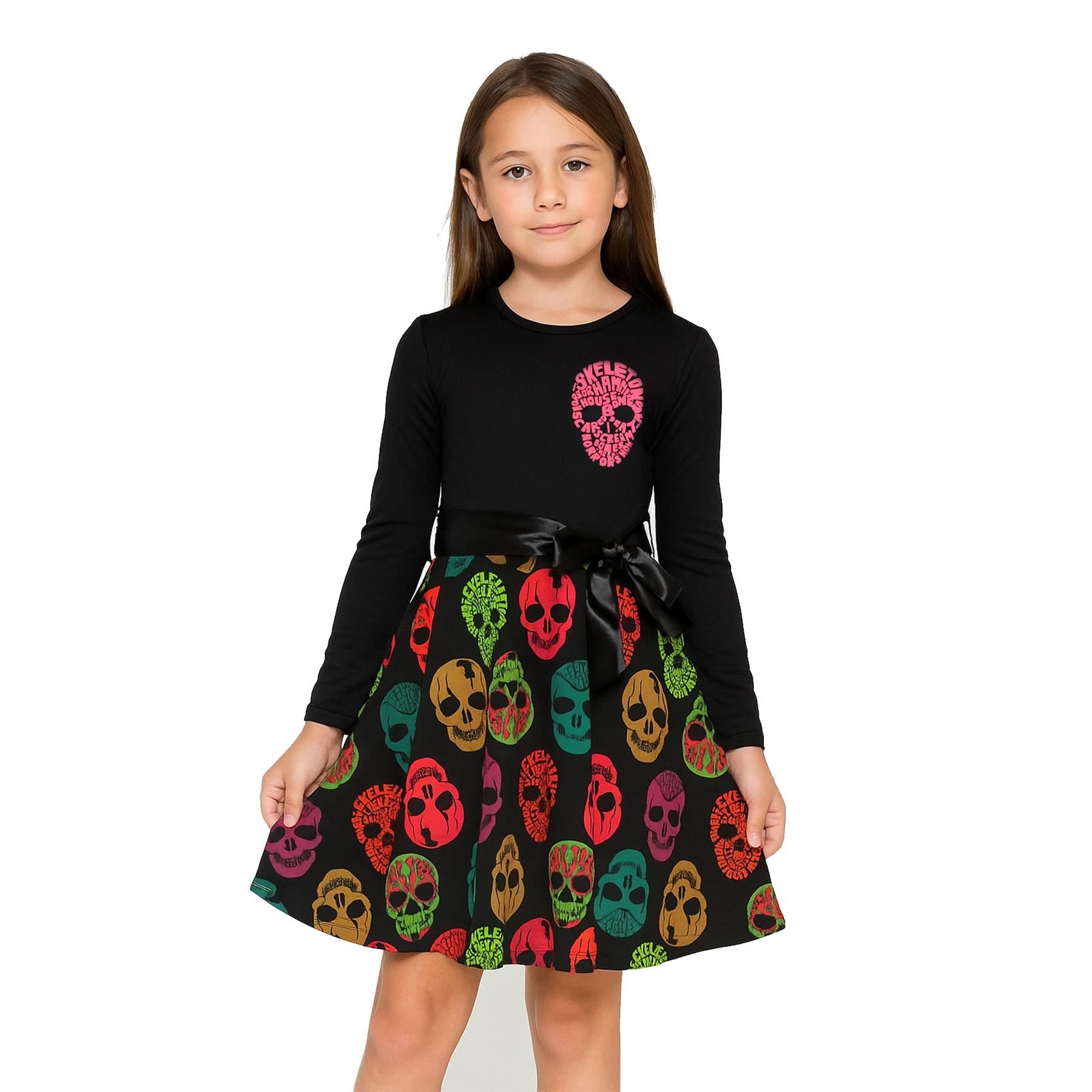 Girls Multi Colors Skull Print Halloween Skater Dress