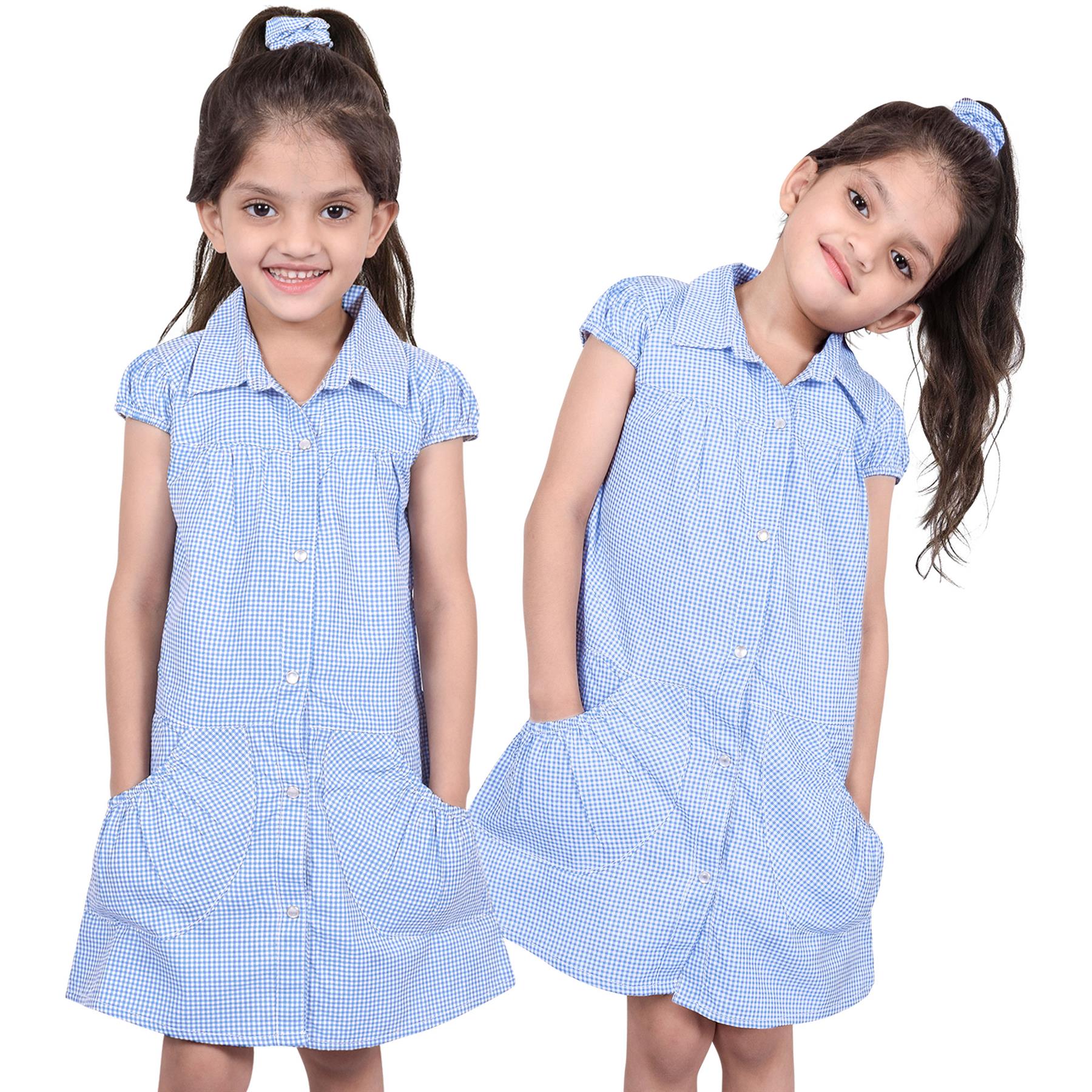 Kids Girls Pack Of 2 Uniform School Dress Gingham Dress With Matching Scrunchies