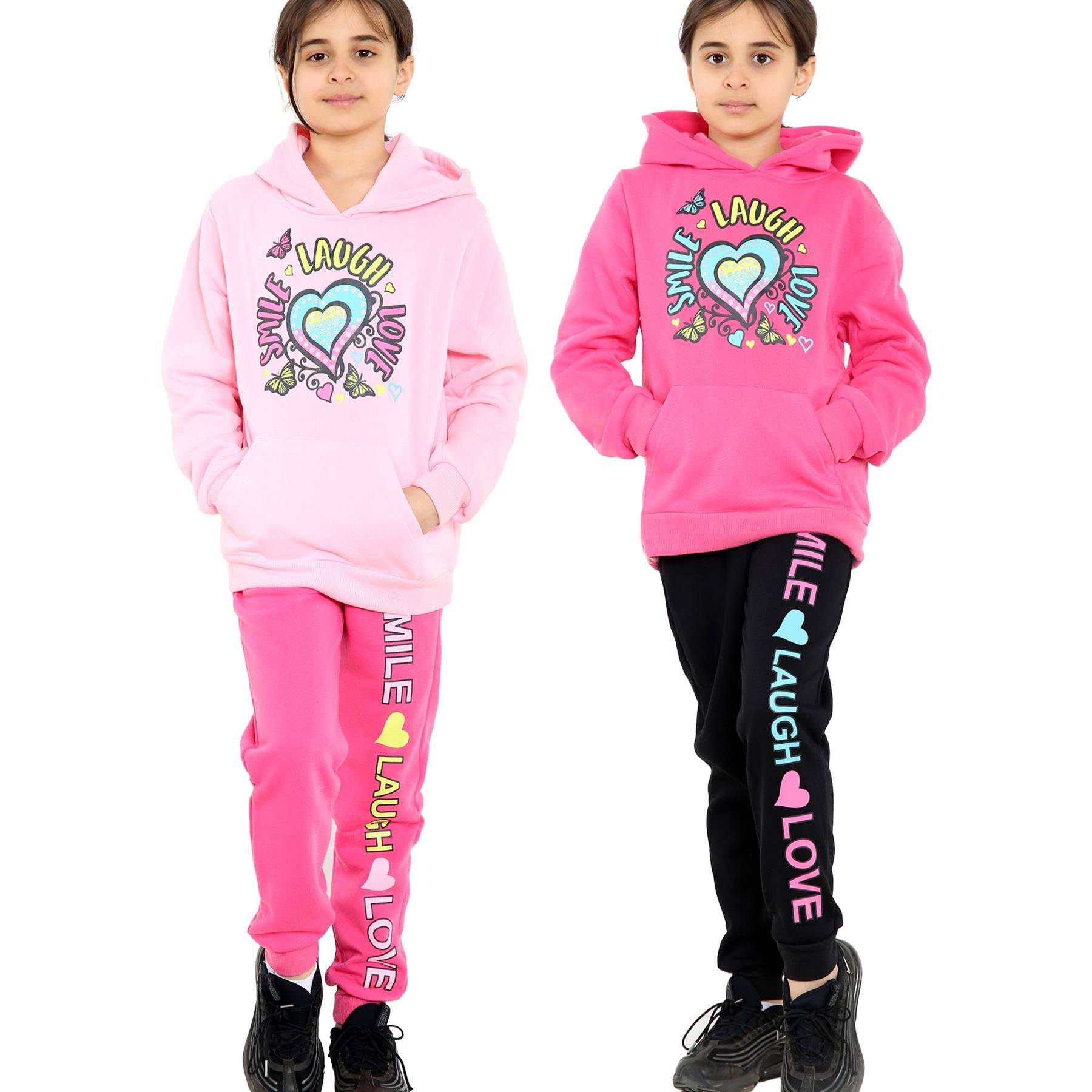 A2Z 4 Kids Girls Tracksuit Smile Laugh Love Print Hooded Top Bottoms Outfit Set